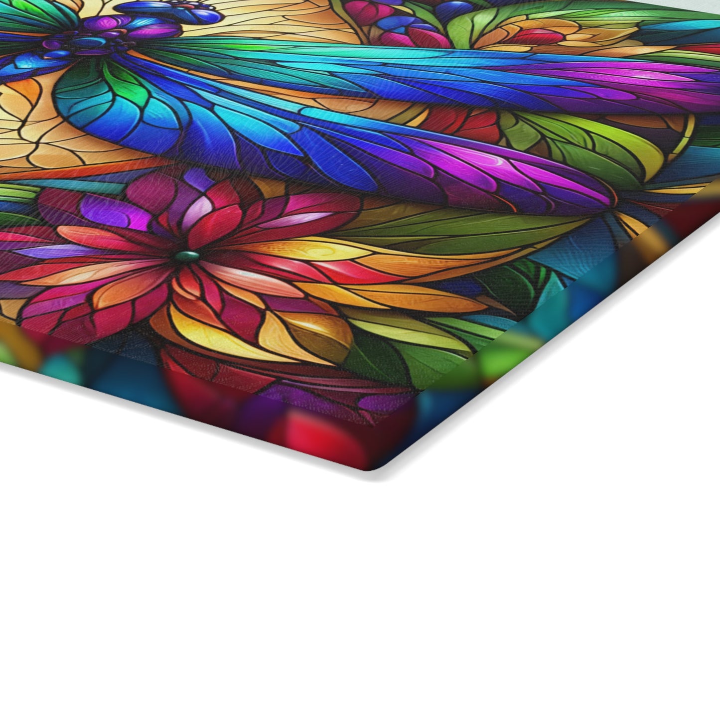 Stained Glass Dragonfly Glass Cutting Board – Colorful Botanical Art Kitchen Display
