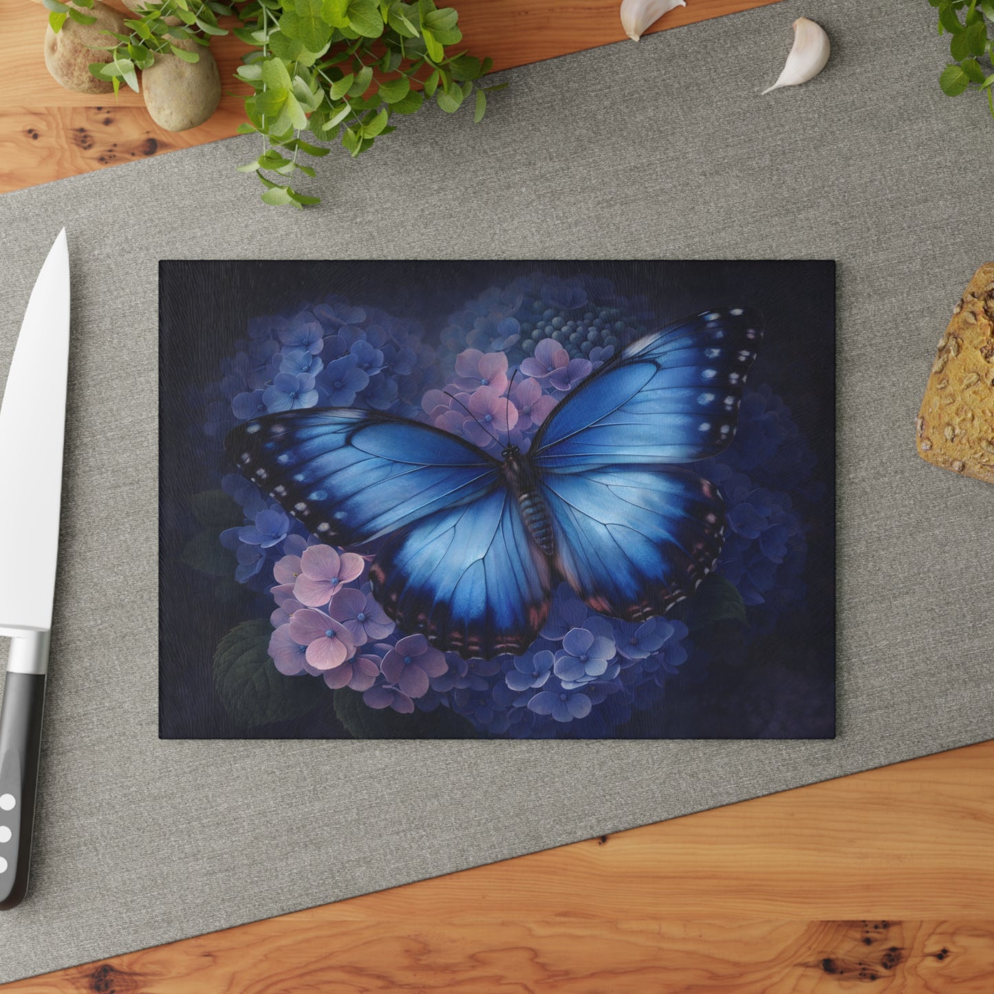 Blue Butterfly & Hydrangea Glass Cutting Board – Elegant Floral Butterfly Kitchen Art