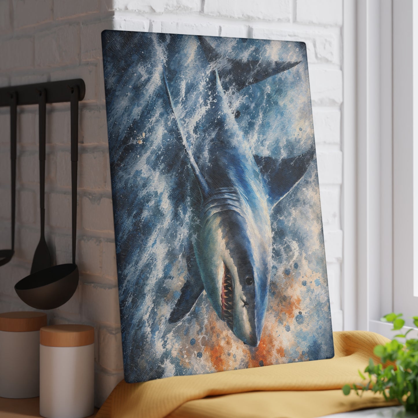 Power of the Tide Glass Cutting Board – Dynamic Great White Shark Artwork