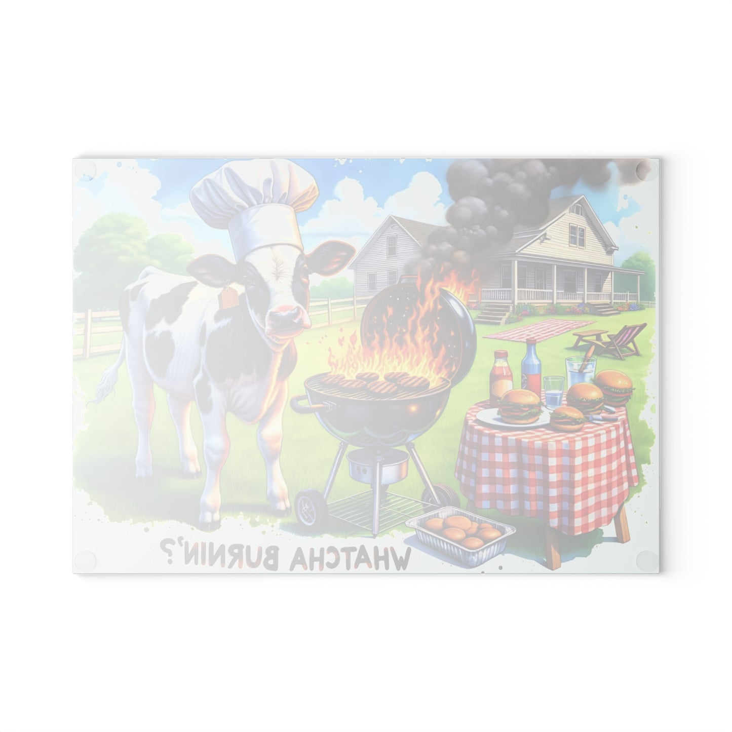 🐮🔥 “Whatcha Burnin’?” Glass Cutting Board – Cozy Charm for Your Kitchen