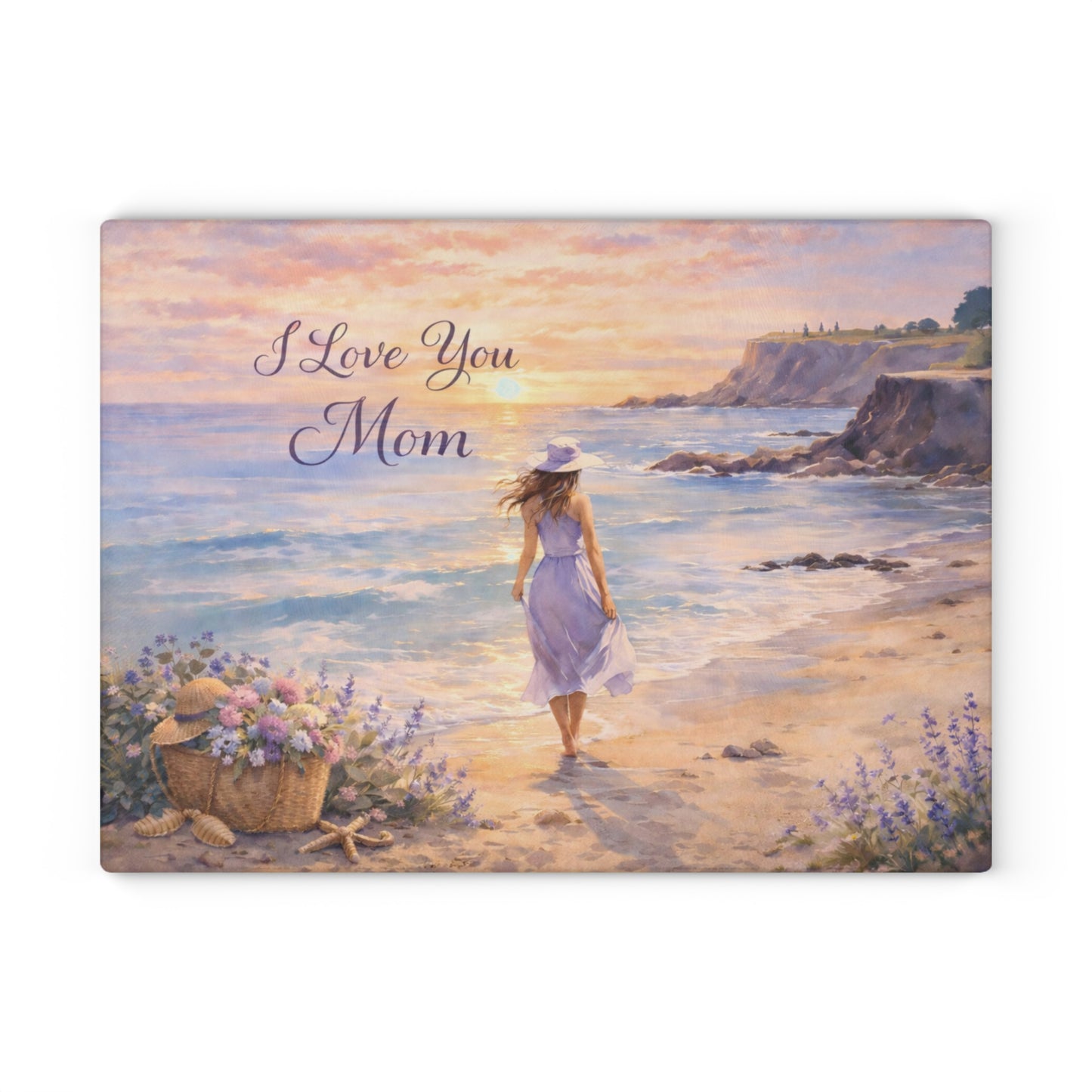 “I Love You Mom” Beach Sunset Glass Cutting Board – Mother’s Day Gift for Mom