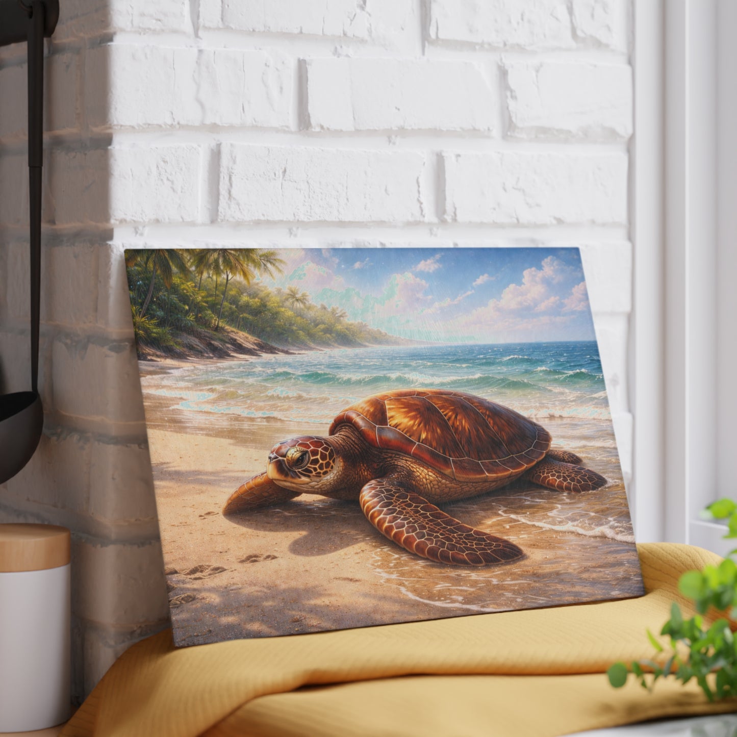 Sea Turtle Tropical Beach Glass Cutting Board – Coastal Ocean Wildlife Kitchen Art