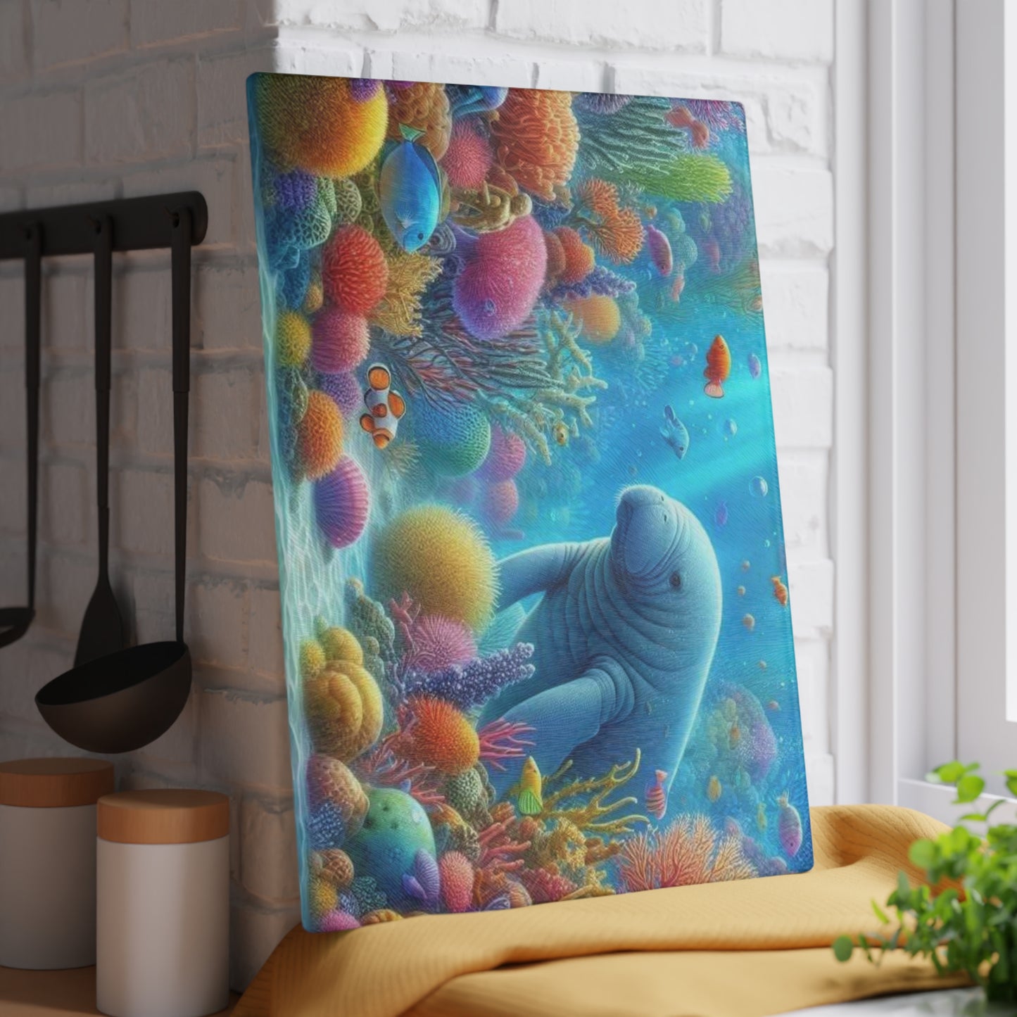 Manatee Cutting Board Textured Glass Florida Spring Kitchen Decor Coastal Home Gift Beach Housewarming Manatee Lover Sea Life Art Nautical