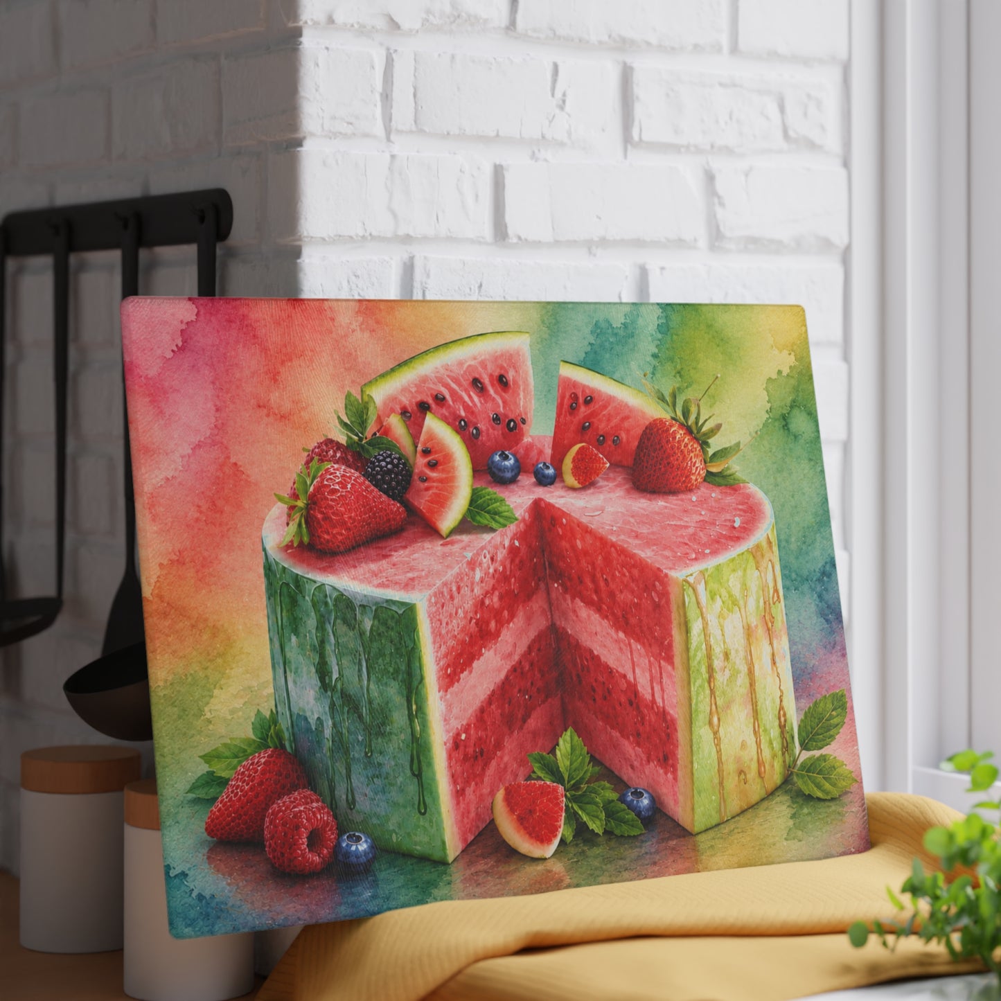 Watermelon Berry Delight Glass Cutting Board – Colorful Summer Kitchen Decor