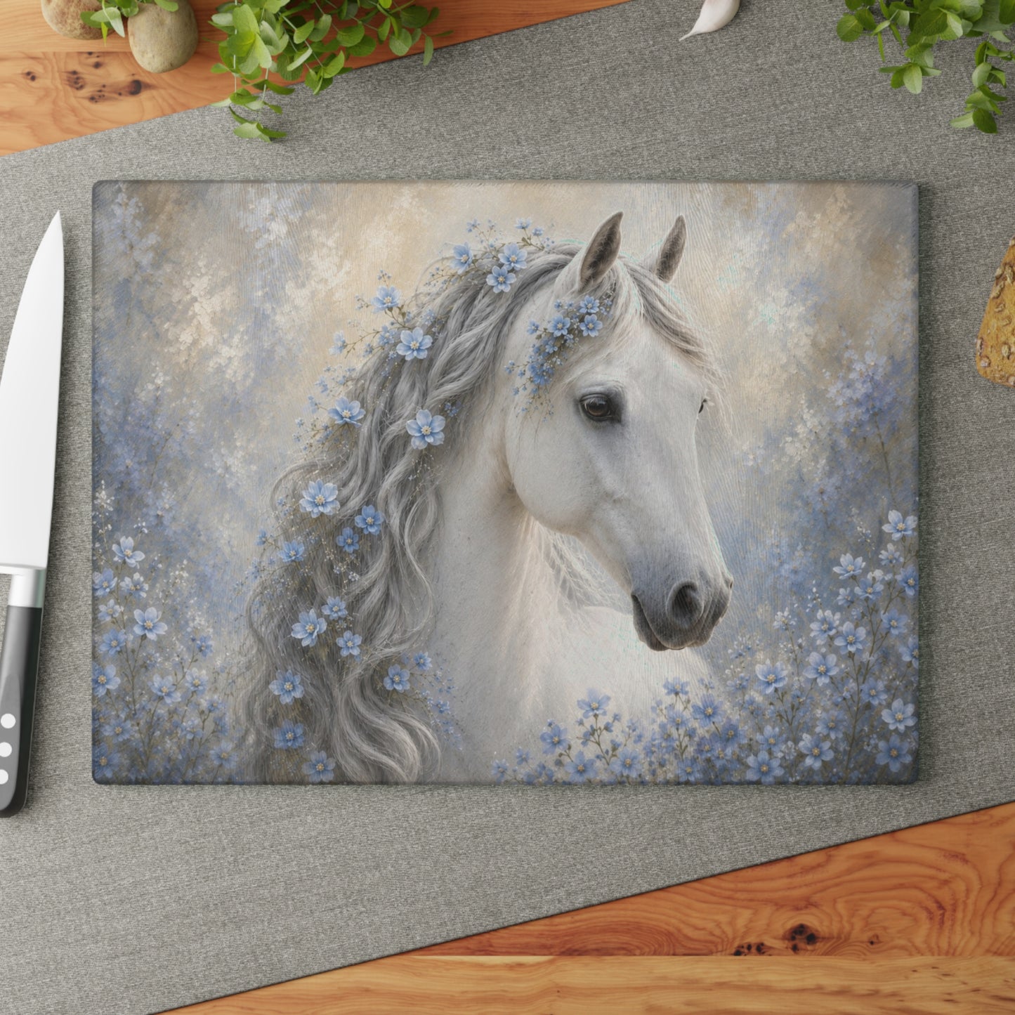 White Horse with Blue Flowers Glass Cutting Board – Elegant Floral Horse Kitchen Decor