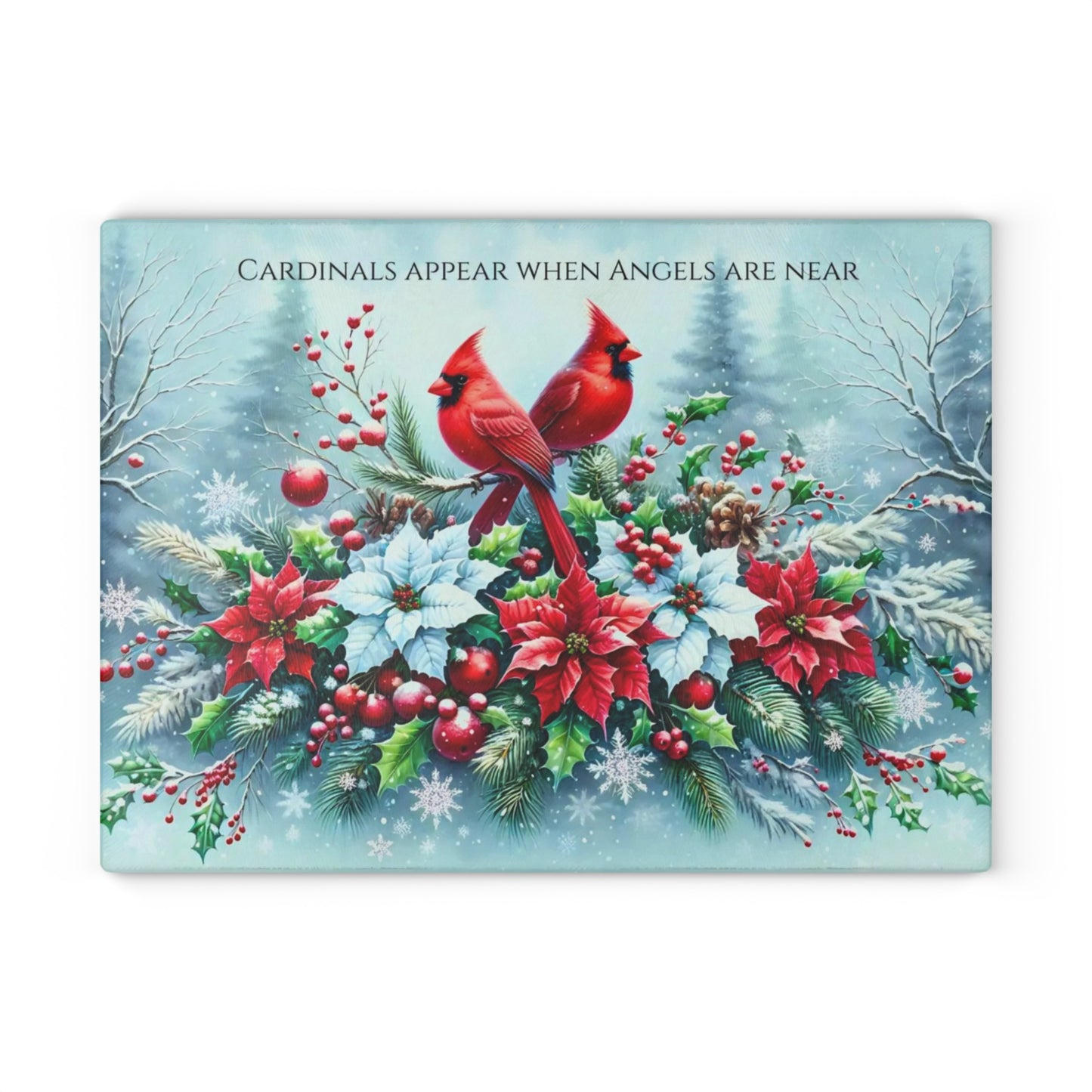 🐦❄️ “Cardinals & Angels” Glass Cutting Board – Cozy Winter Comfort for Your Kitchen
