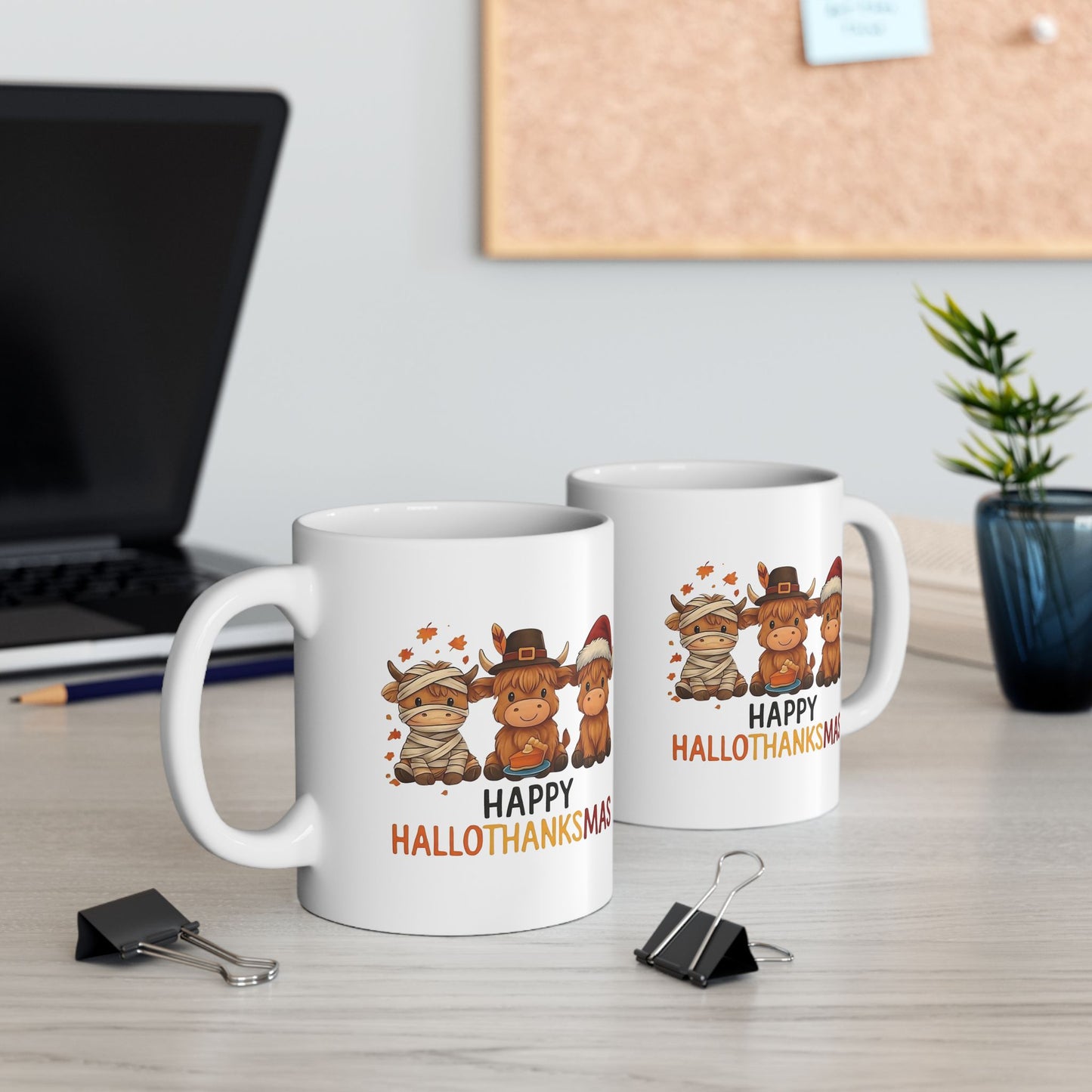 🐮🎃🦃🎄 Happy Hallothanksmas Mug – Cow Holiday Coffee Cup ☕✨