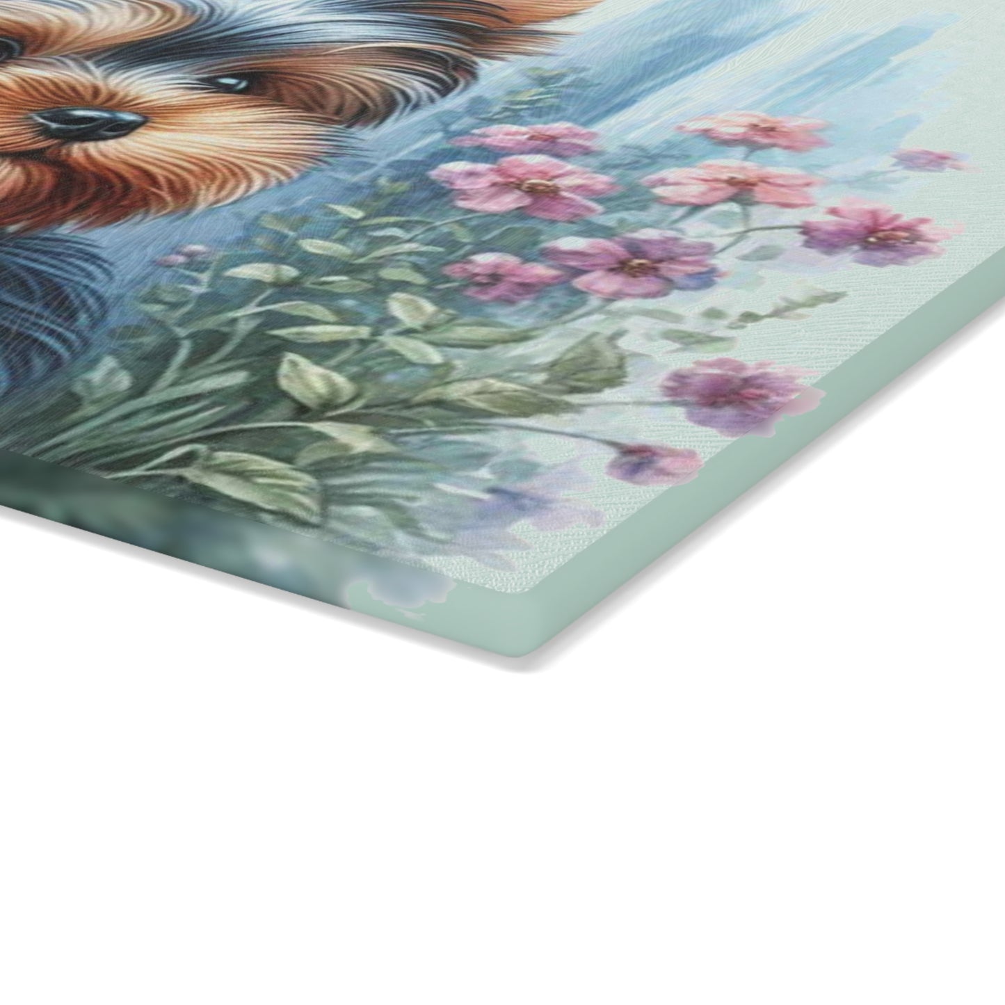 Cottage Yorkie Peek Glass Cutting Board – Floral Pup Charm for Cozy Kitchens
