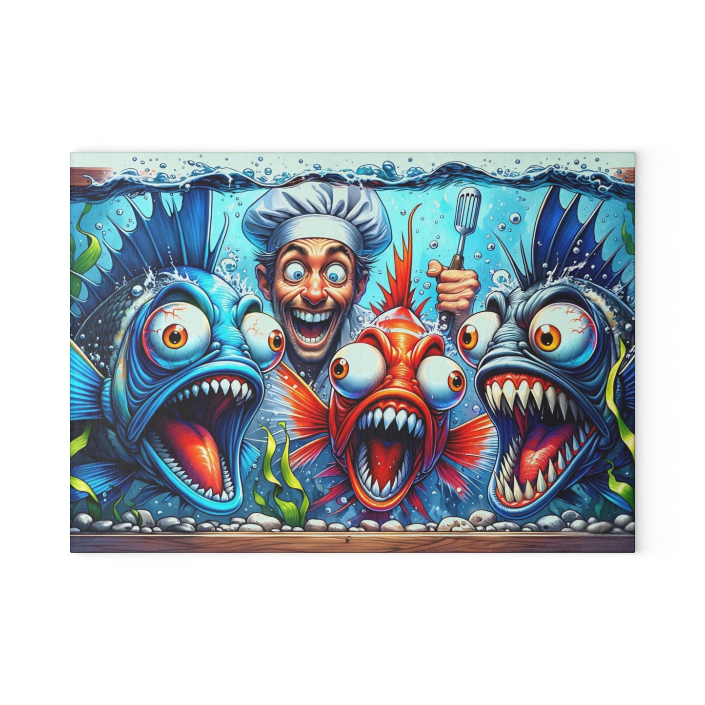 🐟👨‍🍳 “Kitchen Chaos: Fish & Chef” Glass Cutting Board – Cozy Charm for Your Kitchen