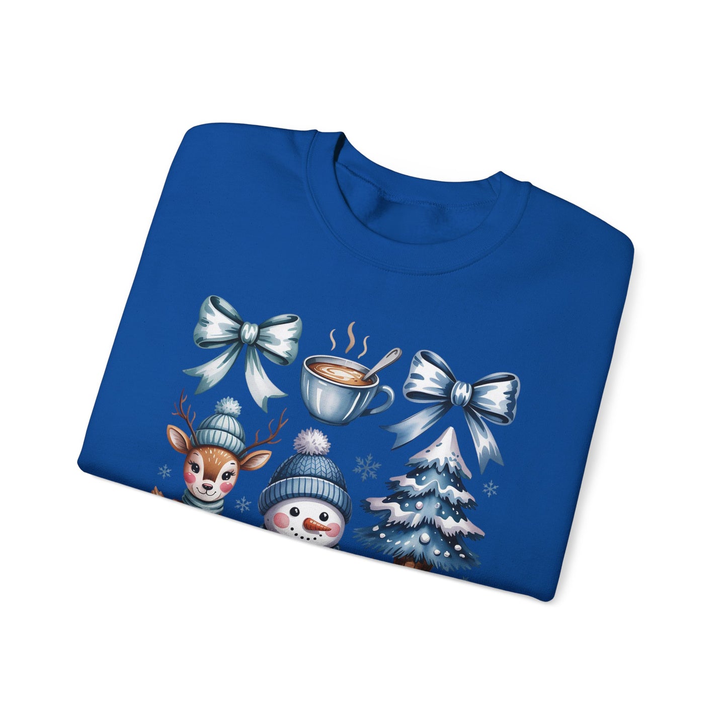 ❄️💙 Cozy Winter Vibes Crewneck – Reindeer, Snowman, Cocoa & Bows