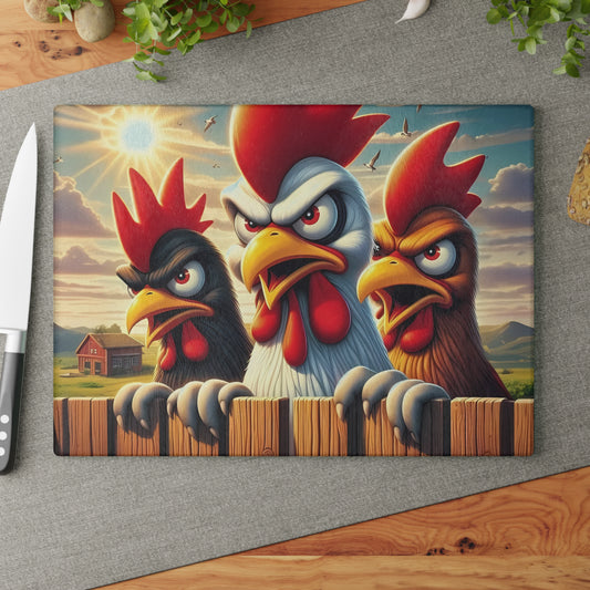 🐔 Three Angry Chickens Glass Cutting Board – Funny Farmhouse Kitchen Decor