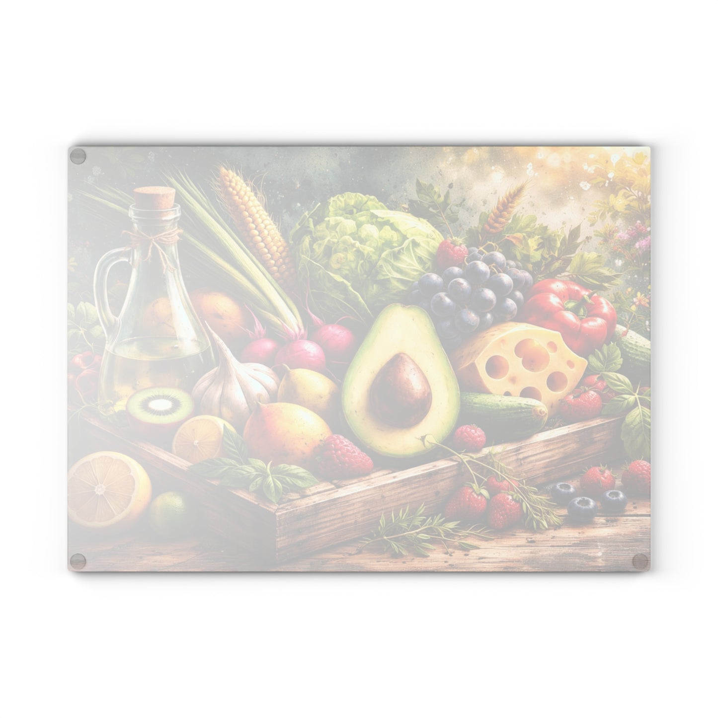 Fresh Harvest Farmhouse Glass Cutting Board – Rustic Market Fruit & Vegetable Kitchen Decor