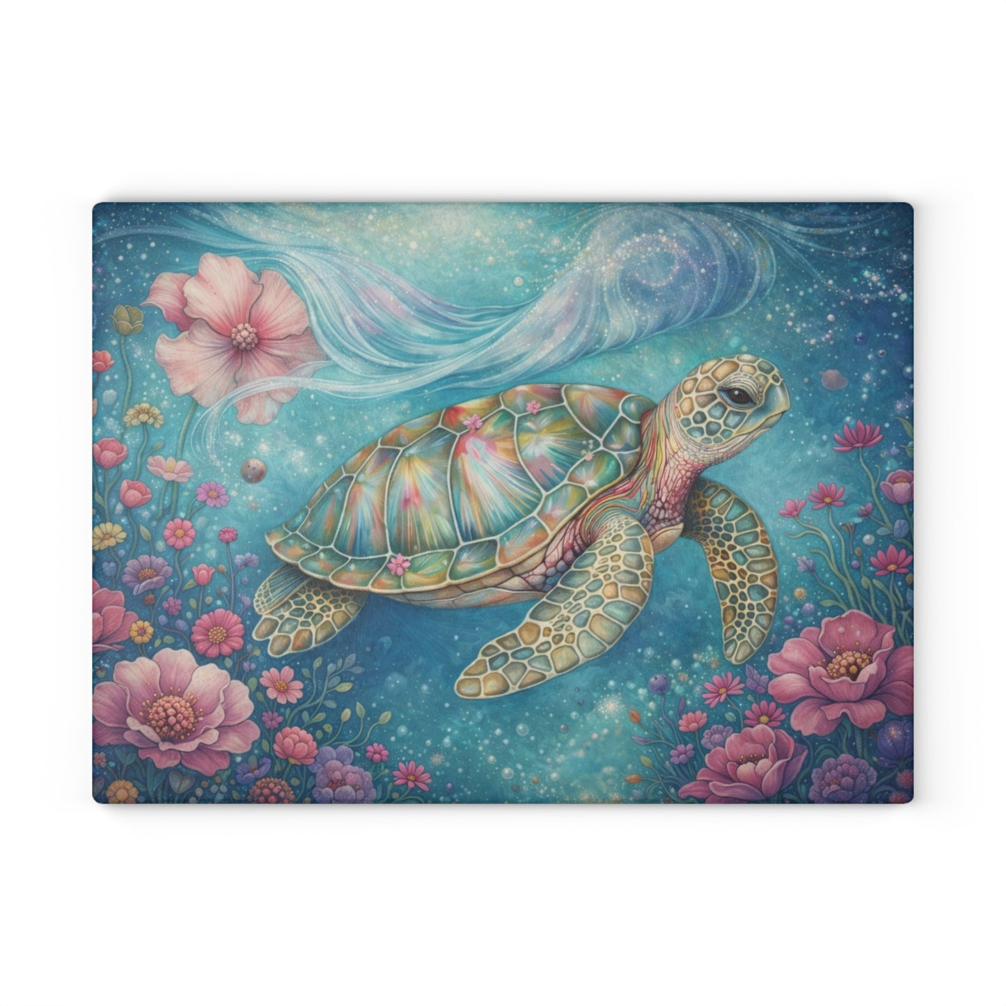 Floral Sea Turtle Glass Cutting Board – Dreamy Ocean Garden with Soft Pastel Blooms