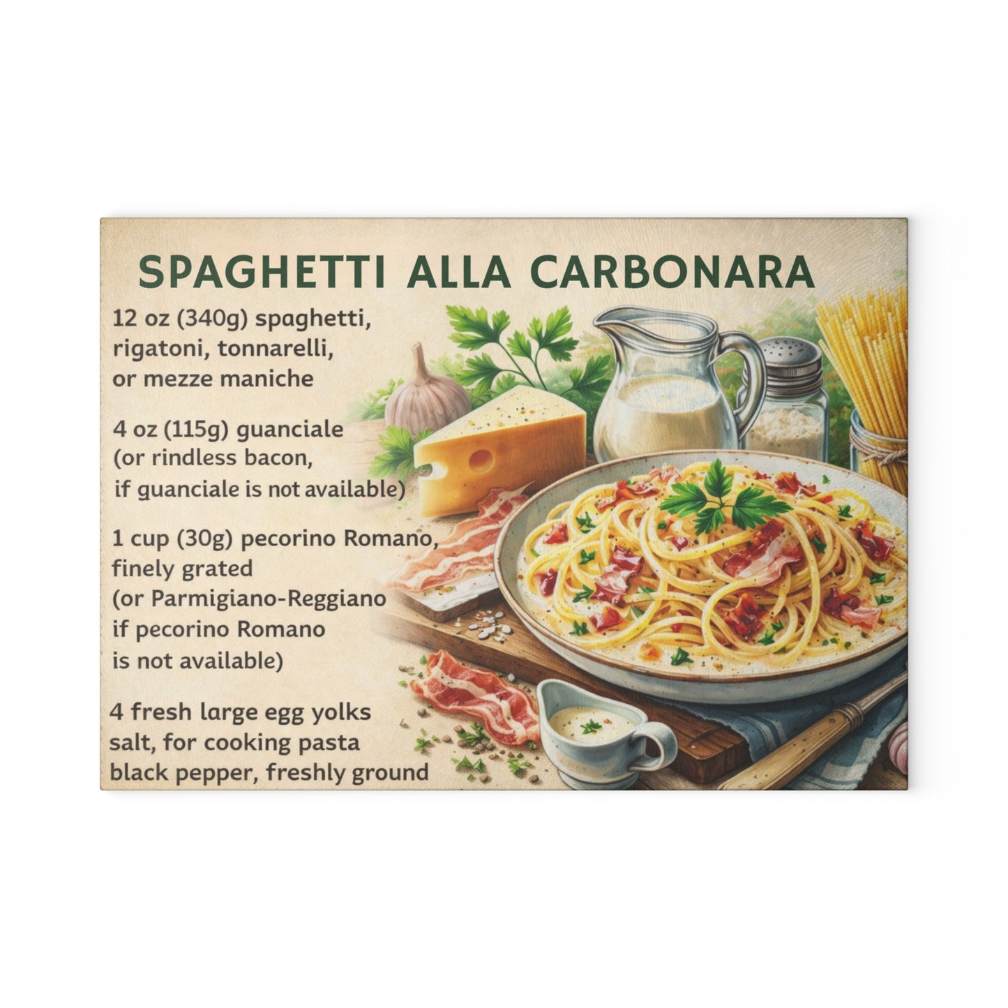 Spaghetti alla Carbonara Recipe Glass Cutting Board – Classic Italian Kitchen Artwork