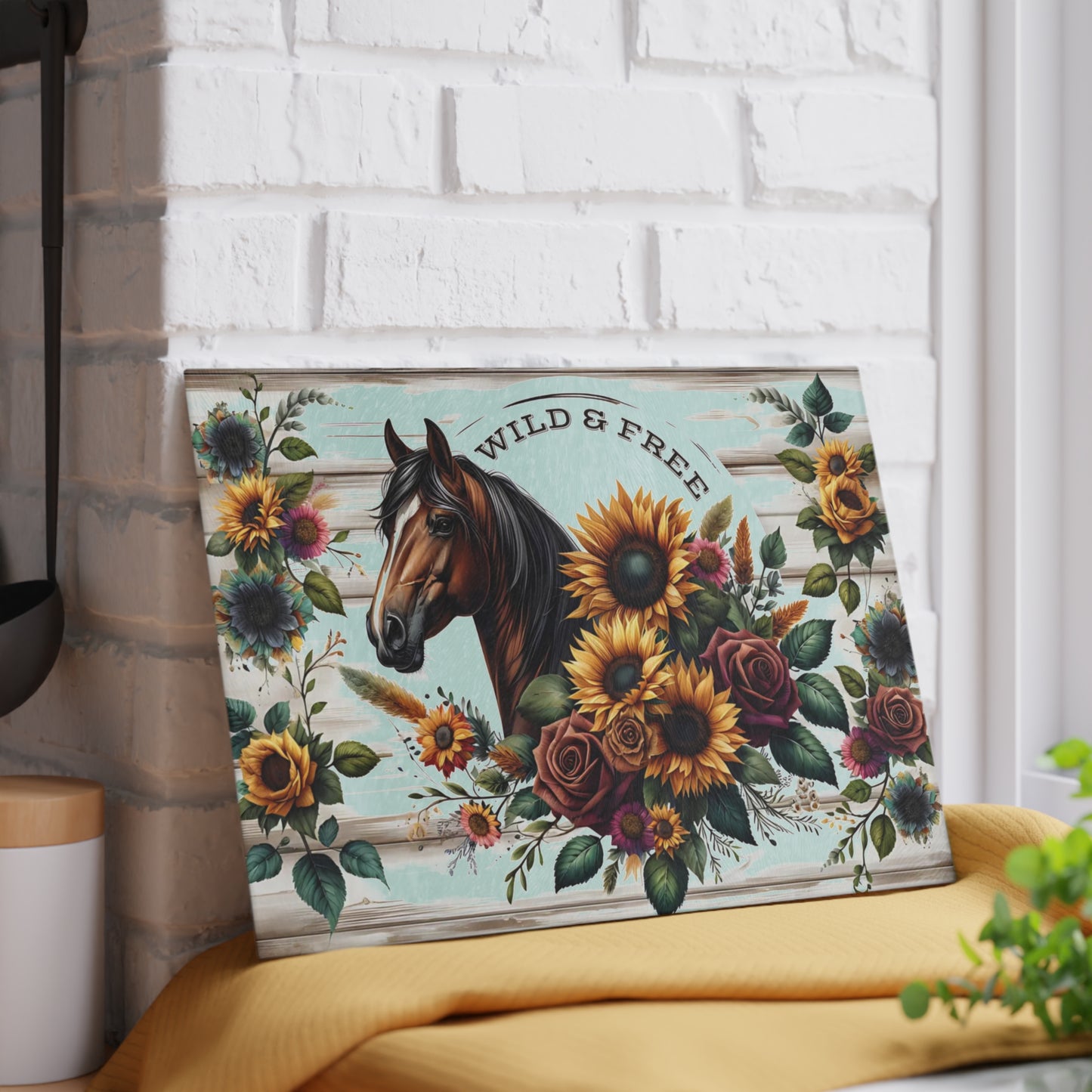 🌻🐎 Wild & Free Horse Cutting Board – Rustic Farmhouse Charm with Sunflowers & Roses 🌹🌾