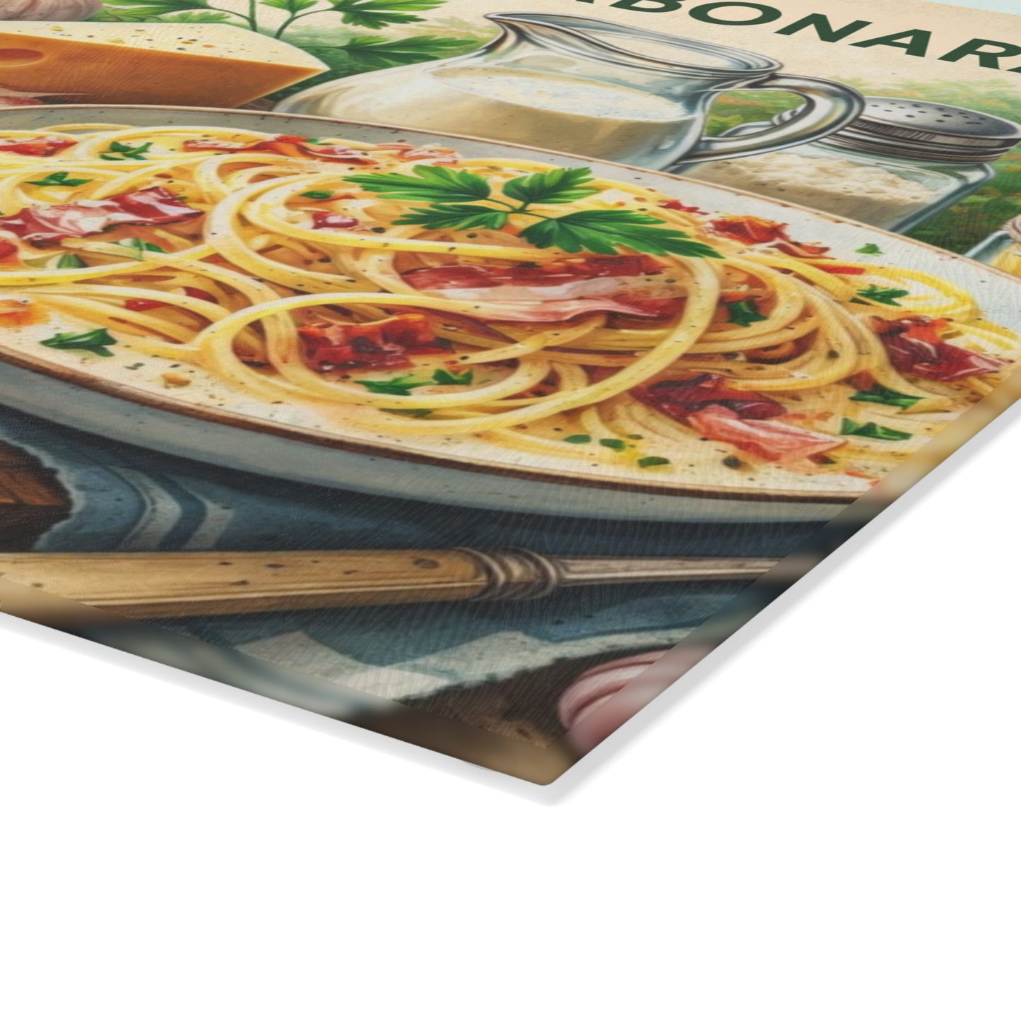 Spaghetti alla Carbonara Recipe Glass Cutting Board – Classic Italian Kitchen Artwork