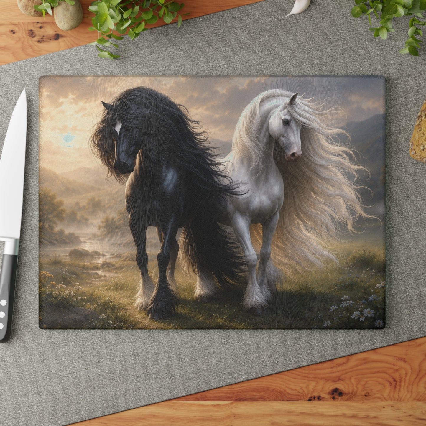 Majestic Black & White Horses Glass Cutting Board – Elegant Horse Kitchen Decor, Nature Lover Gift