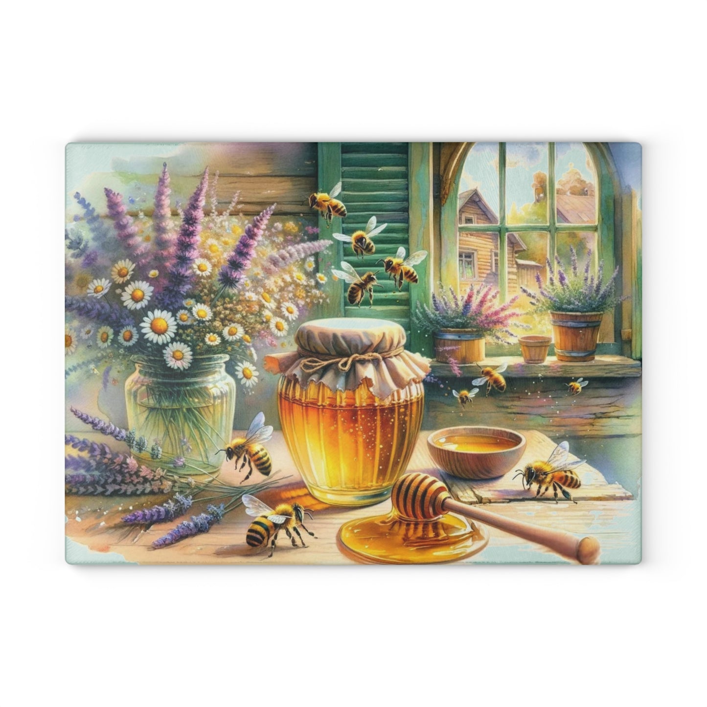 🍯🌼 “Honey & Wildflowers” Glass Cutting Board – Cozy Cottage Charm for Your Kitchen
