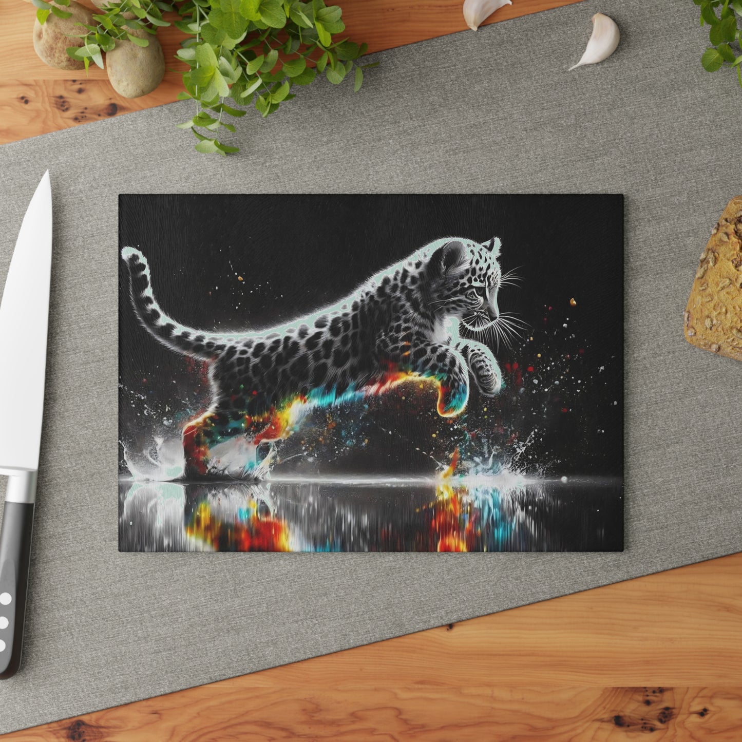 🐆 Leaping Leopard Splash Cutting Board – Fierce Energy Meets Wild Elegance 🌈💧