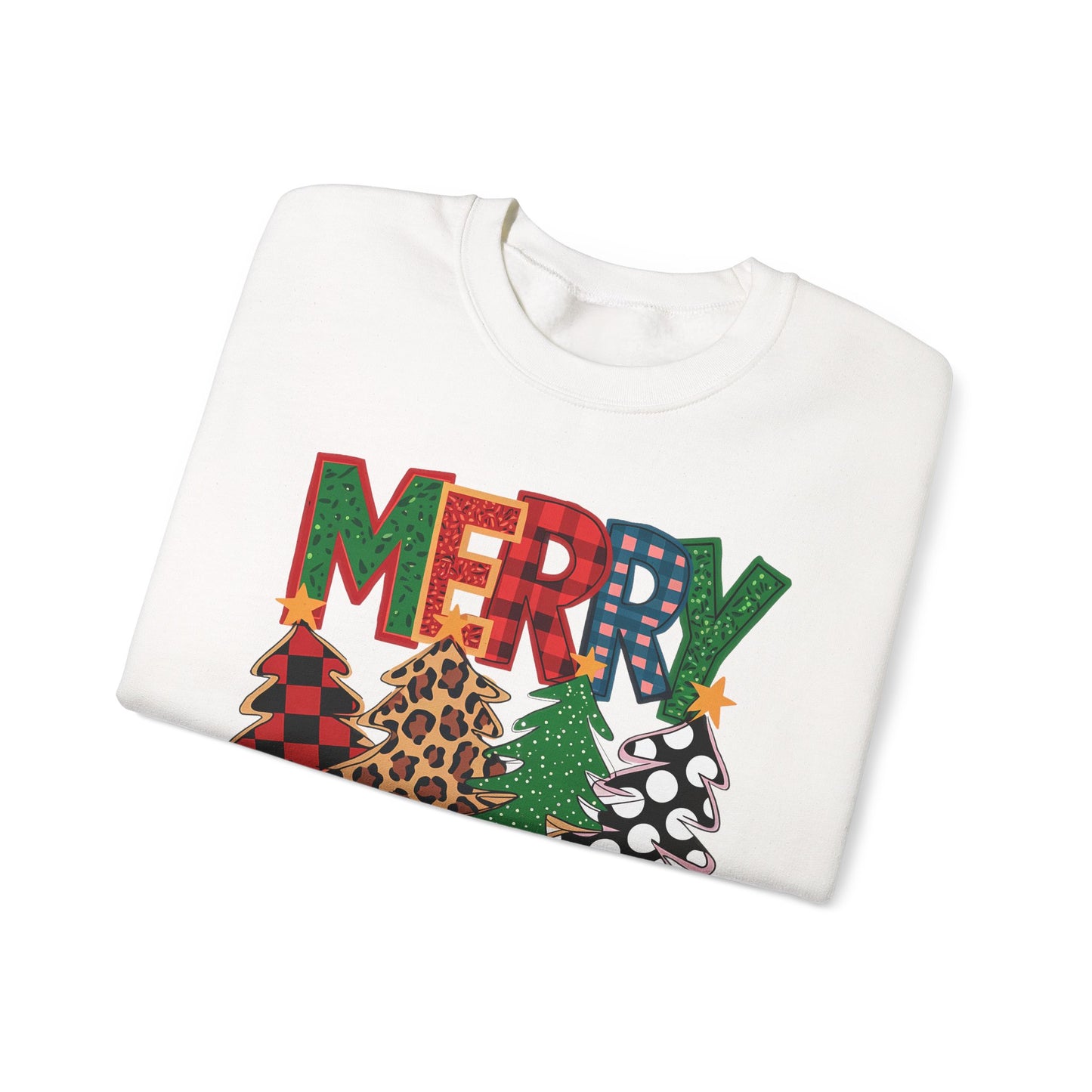 🎄✨ Merry Christmas Trees Sweatshirt – Bold Patterns & Festive Cheer