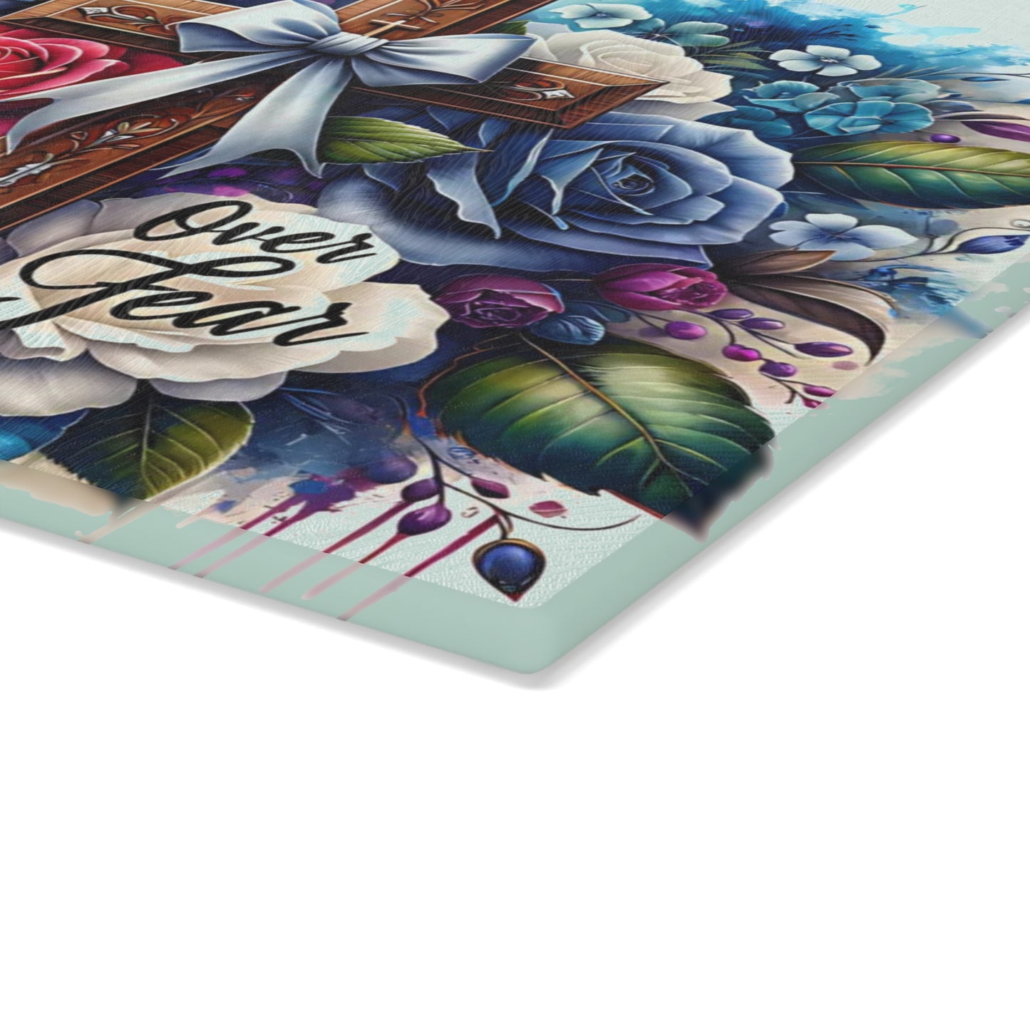 ✝️ Faith Over Fear Floral Cross Cutting Board – Christian Kitchen Inspiration with Roses & Watercolor Style