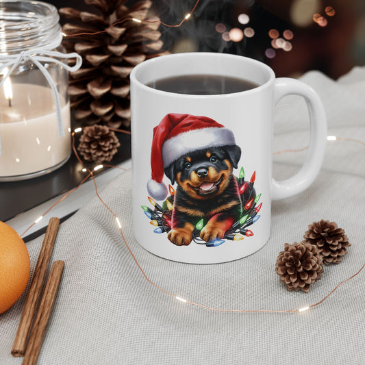🎄 Rottweiler Christmas Lights Mug – Festive Cheer with Puppy Cuteness ☕