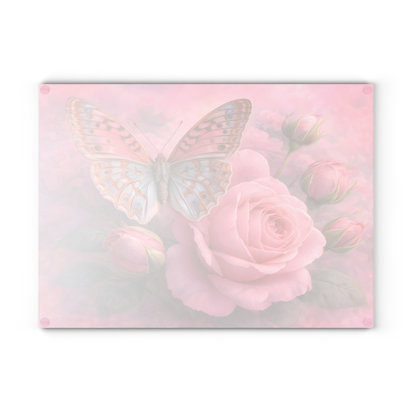 Pink Rose & Butterfly Glass Cutting Board – Romantic Floral Butterfly Kitchen Art