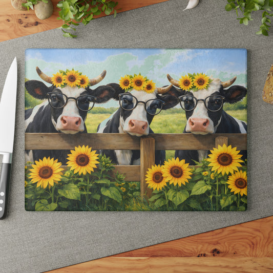 Sunflower Cow Trio Glass Cutting Board – Cheerful Farmhouse Kitchen Accent