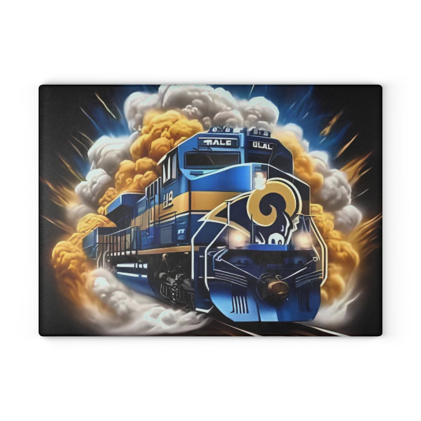 Royal Blue & Yellow Express Glass Cutting Board – High-Energy Train Art for Bright, Bold Kitchens