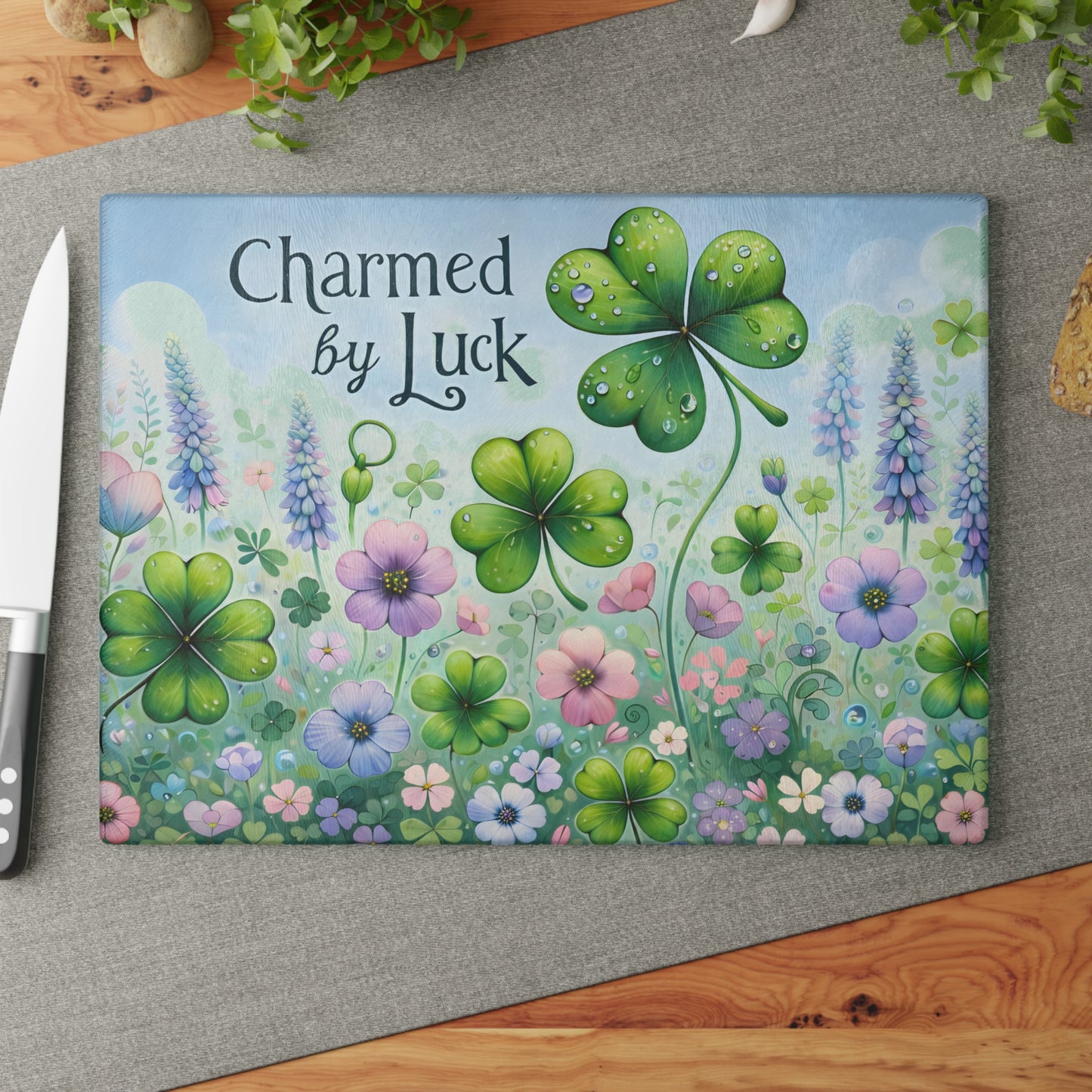 Charmed by Luck Floral Shamrock Glass Cutting Board – Whimsical St. Patrick’s Day Kitchen Art