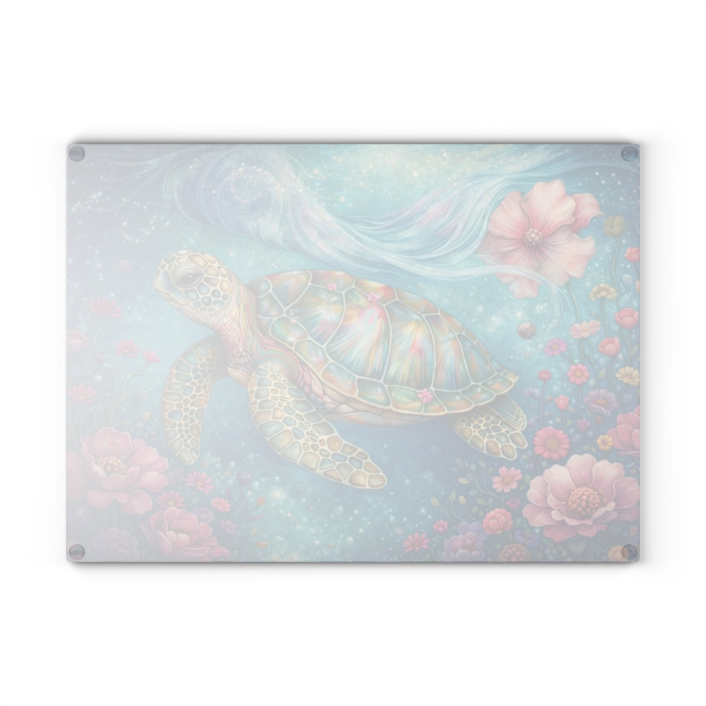 Floral Sea Turtle Glass Cutting Board – Dreamy Ocean Garden with Soft Pastel Blooms