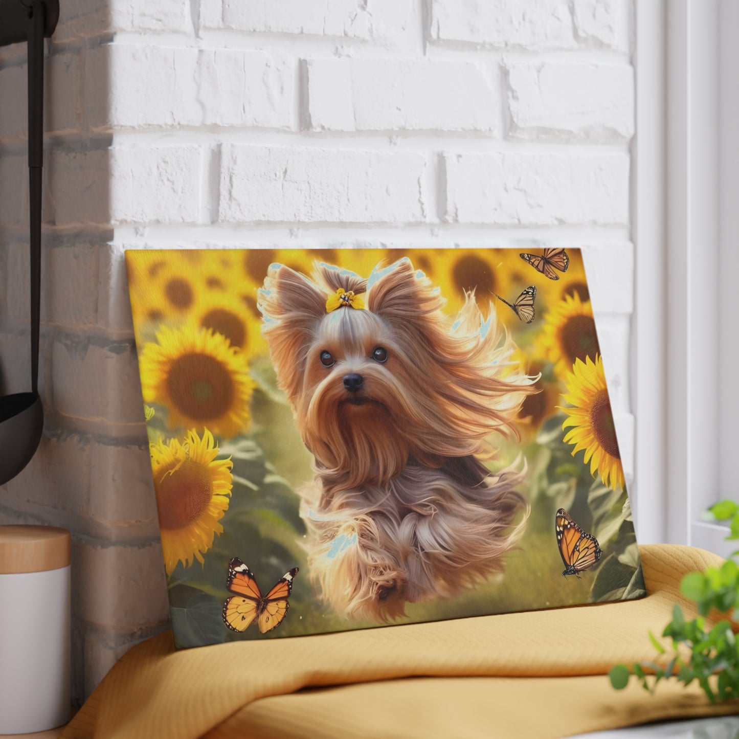 Yorkie in the Sunflowers – Tempered Glass Cutting Board