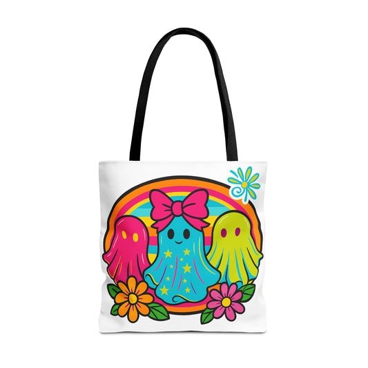 🌈 Retro Rainbow Ghosts Tote Bag – Groovy Spooky Fun 👻👜