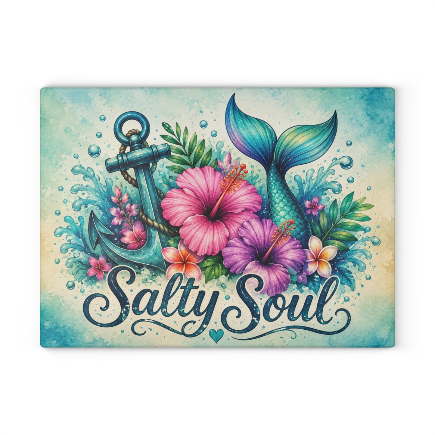 Salty Soul Mermaid Tail Glass Cutting Board – Coastal Beach Kitchen Decor with Anchor & Tropical Flowers