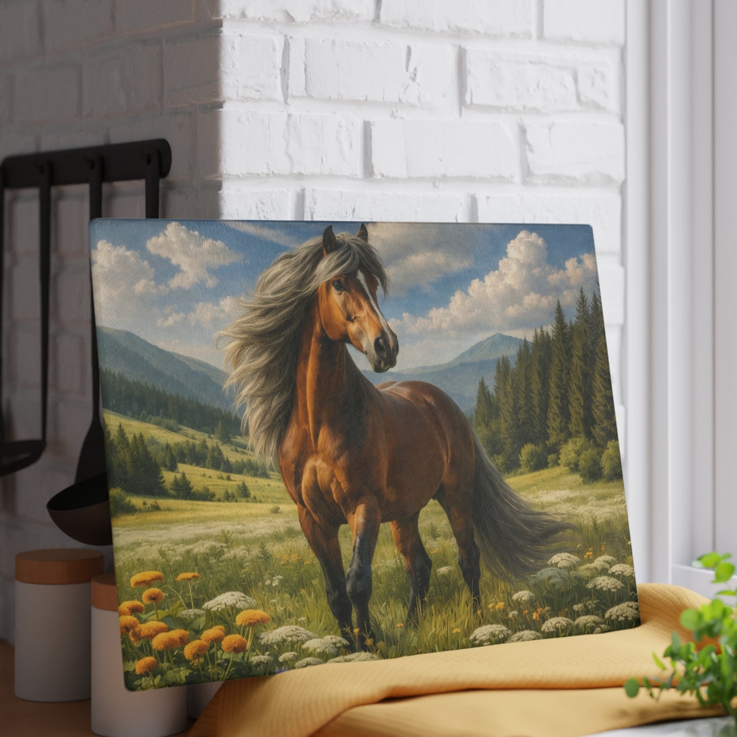 Majestic Horse in Mountain Meadow Glass Cutting Board – Western Farmhouse Horse Lover Kitchen Decor