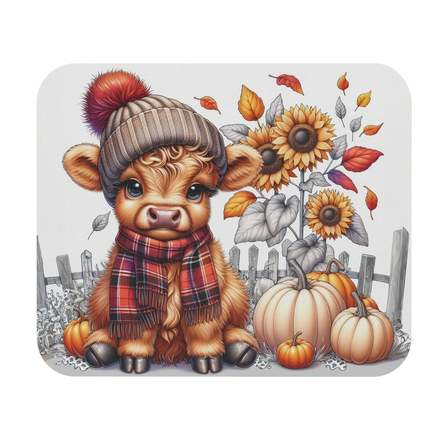 🖱️🐮🍂 Cozy Highland Cow Mouse Pad – Fall Beanie, Plaid Scarf, Sunflowers & Pumpkins
