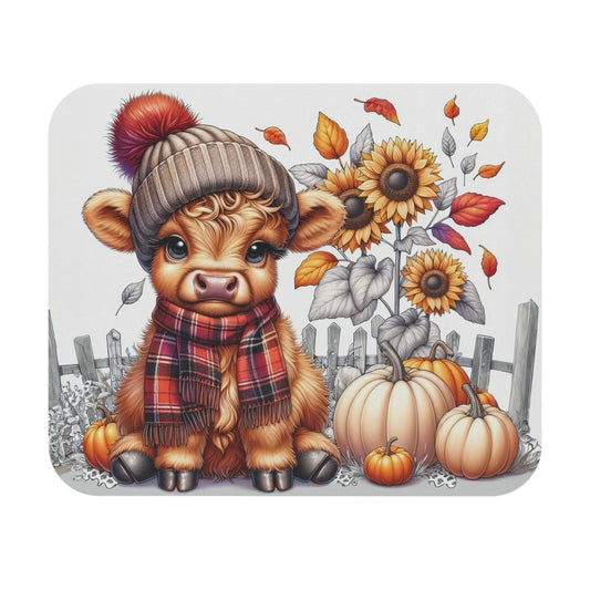 🖱️🐮🍂 Cozy Highland Cow Mouse Pad – Fall Beanie, Plaid Scarf, Sunflowers & Pumpkins