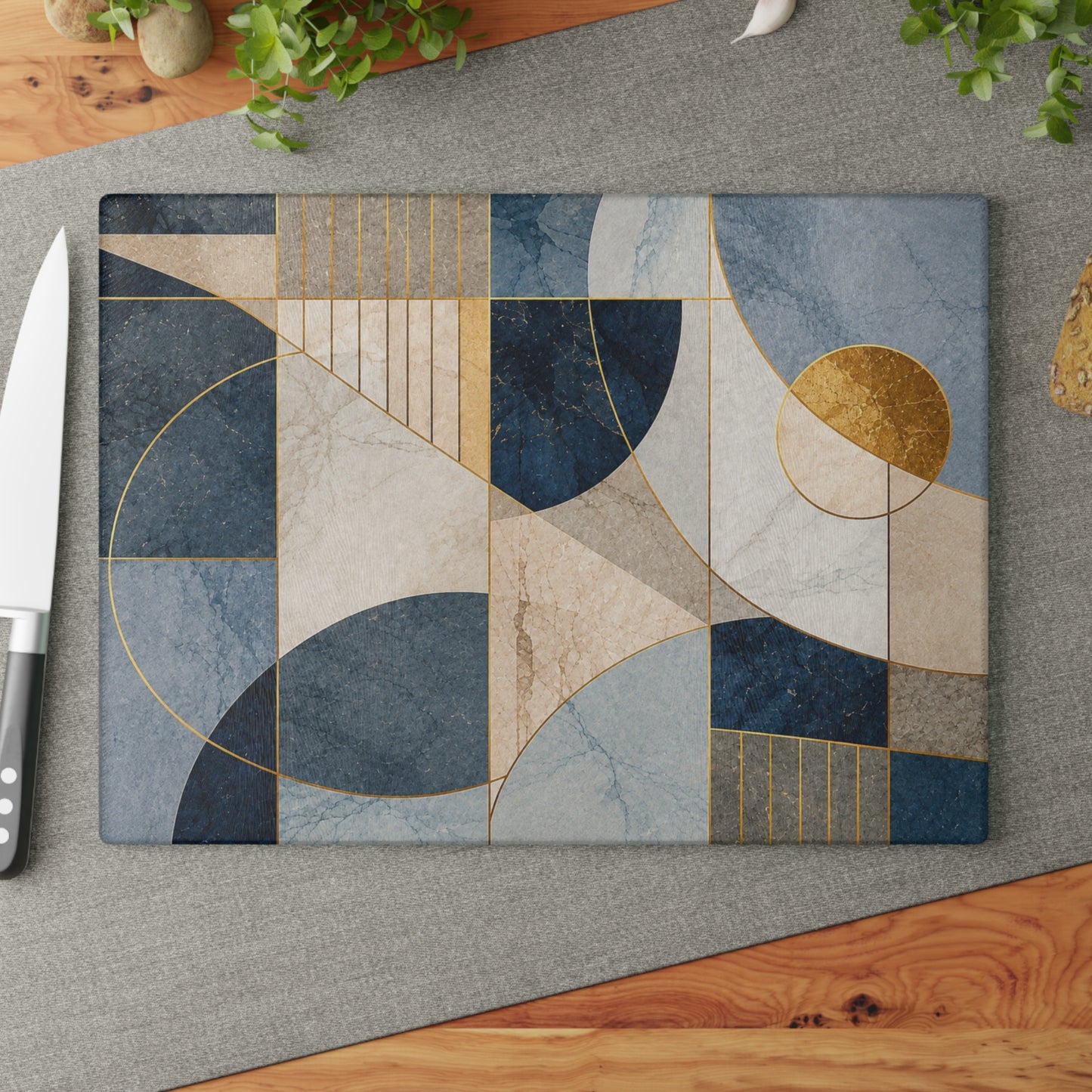 Modern Abstract Geometric Glass Cutting Board – Blue Beige & Gold Contemporary Kitchen Decor