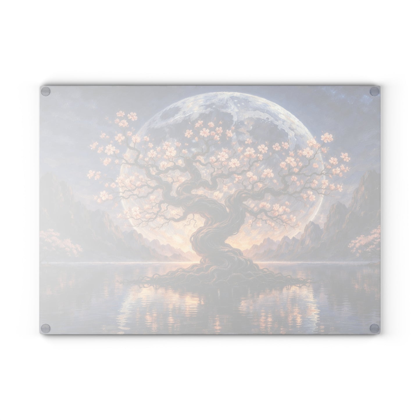 Moonlit Blossom Tree Glass Cutting Board – Dreamlike Fantasy Kitchen Art