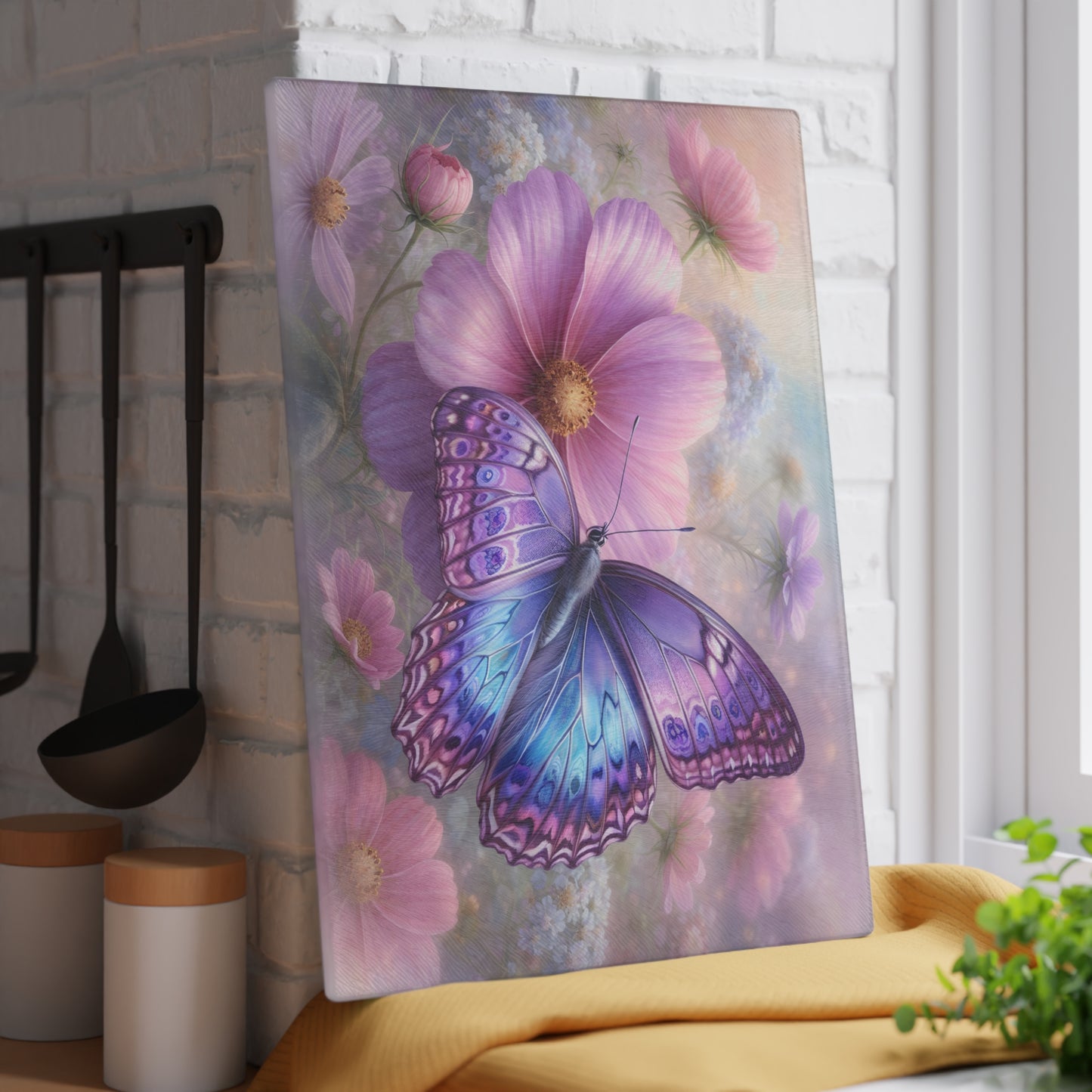 Purple & Blue Butterfly Glass Cutting Board – Dreamy Cosmos Floral Butterfly Art