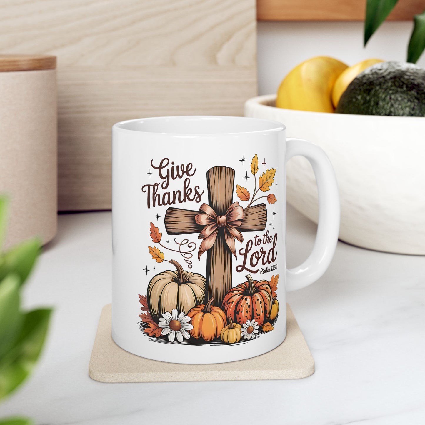 ✝️🍂 Give Thanks to the Lord Mug – Christian Fall Coffee Cup with Pumpkins & Scripture 🌻☕