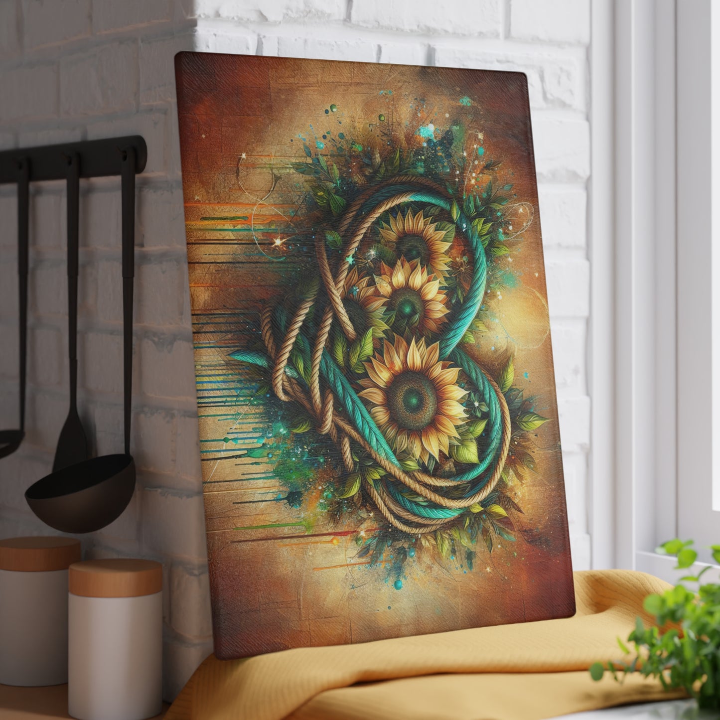 Sunflower Rope Heart Glass Cutting Board – Rustic Floral Love Kitchen Display