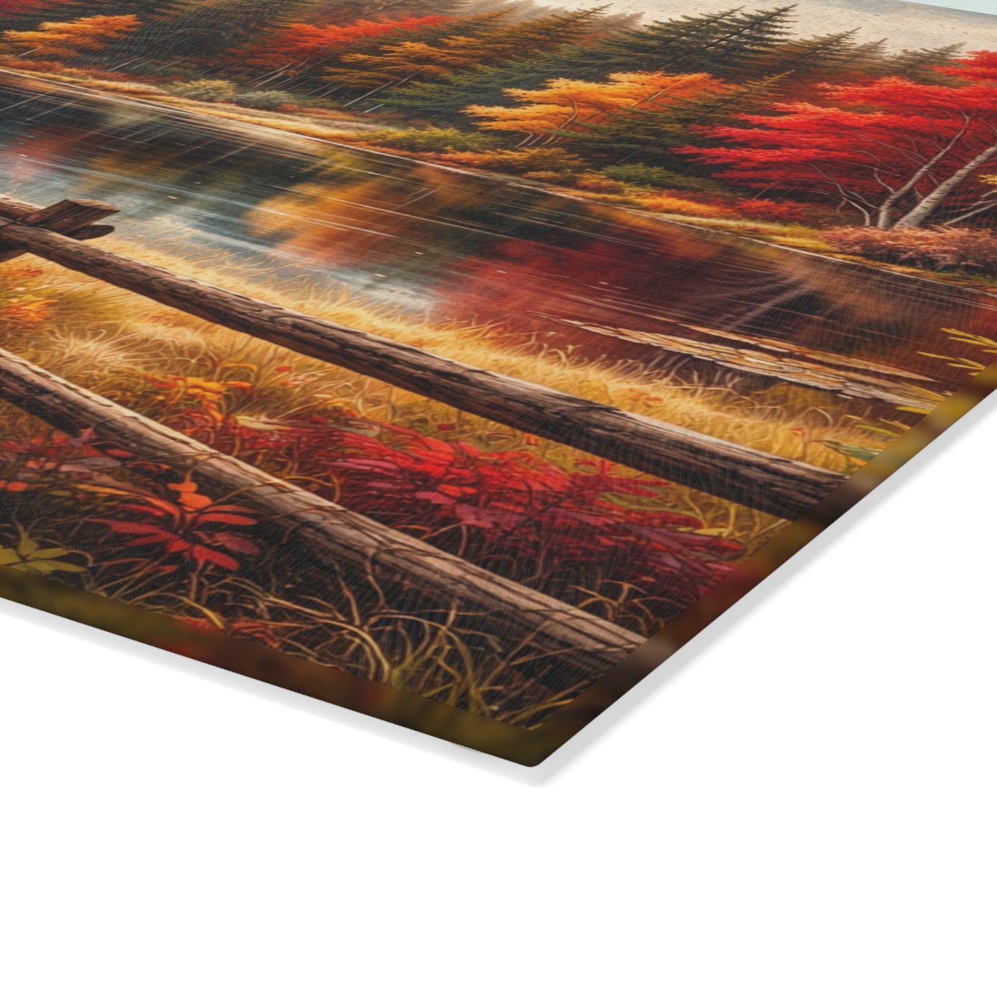 Autumn Lakeside Path Glass Cutting Board – Rustic Fall Forest Lake Kitchen Art