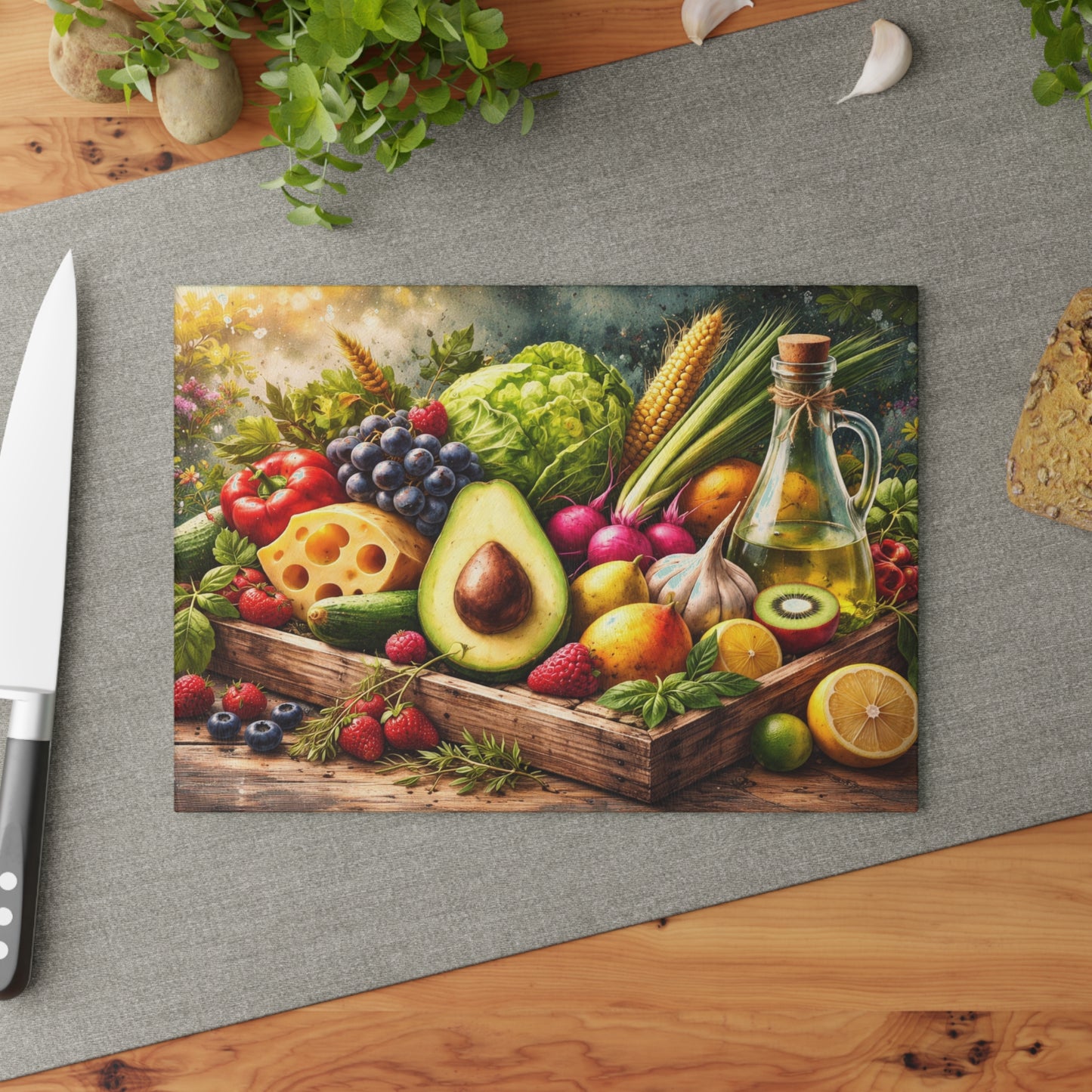 Fresh Harvest Farmhouse Glass Cutting Board – Rustic Market Fruit & Vegetable Kitchen Decor