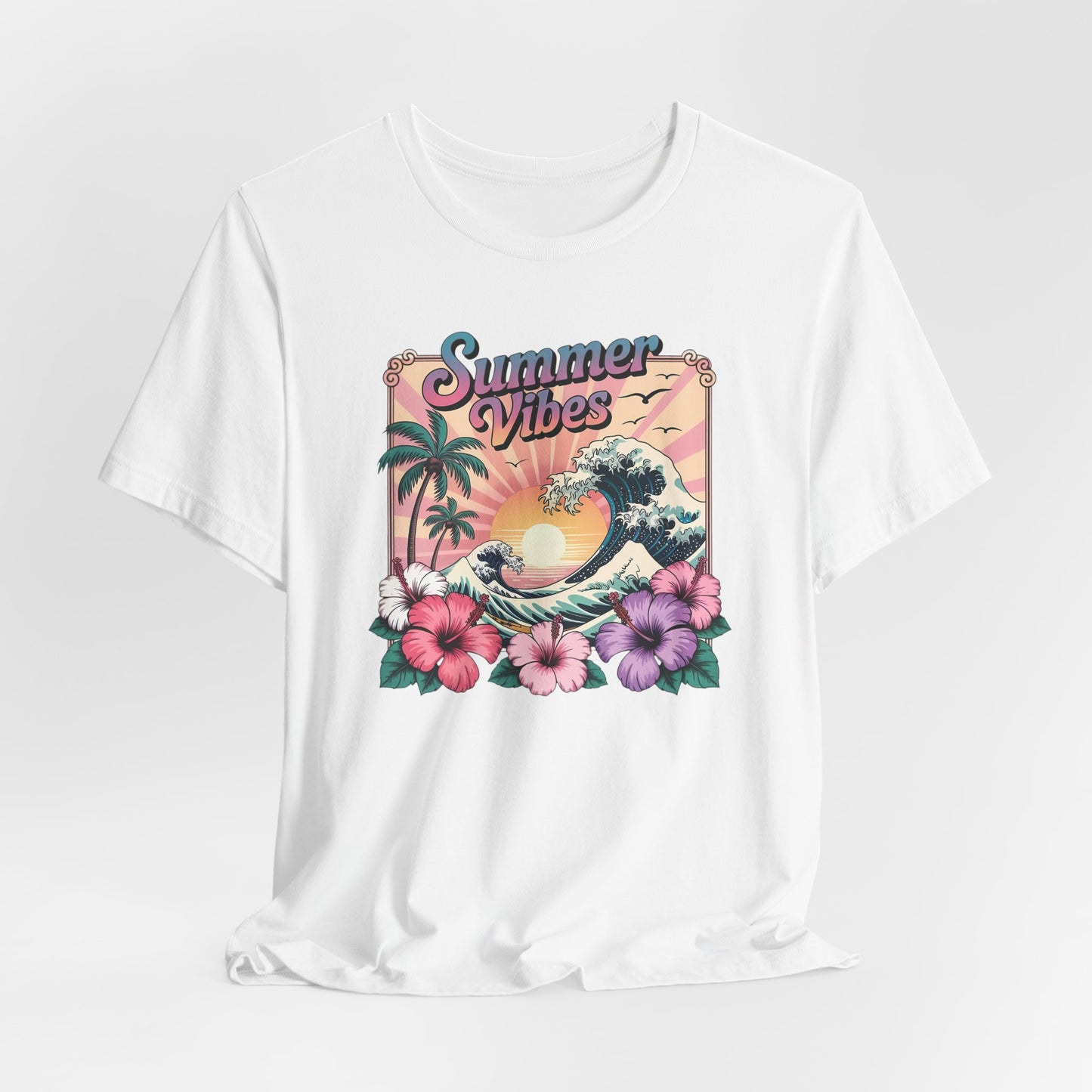 ☀️ Camiseta Summer Vibes – Ola playera vibrante, hibisco y palmeras | Camiseta gráfica para mujer