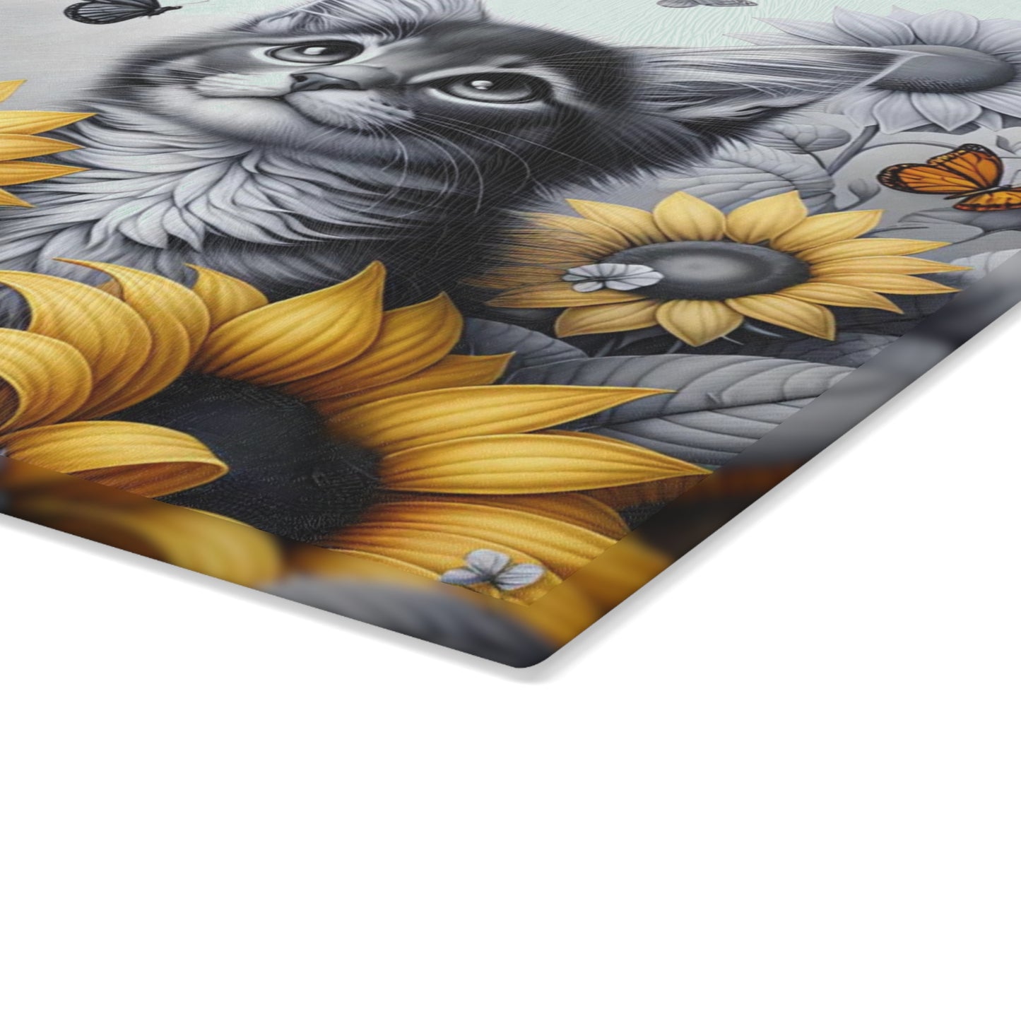 🐾🌻 Kitten & Sunflowers Cutting Board – Whimsical Rustic Farmhouse Charm with Butterflies ✨🐈🦋