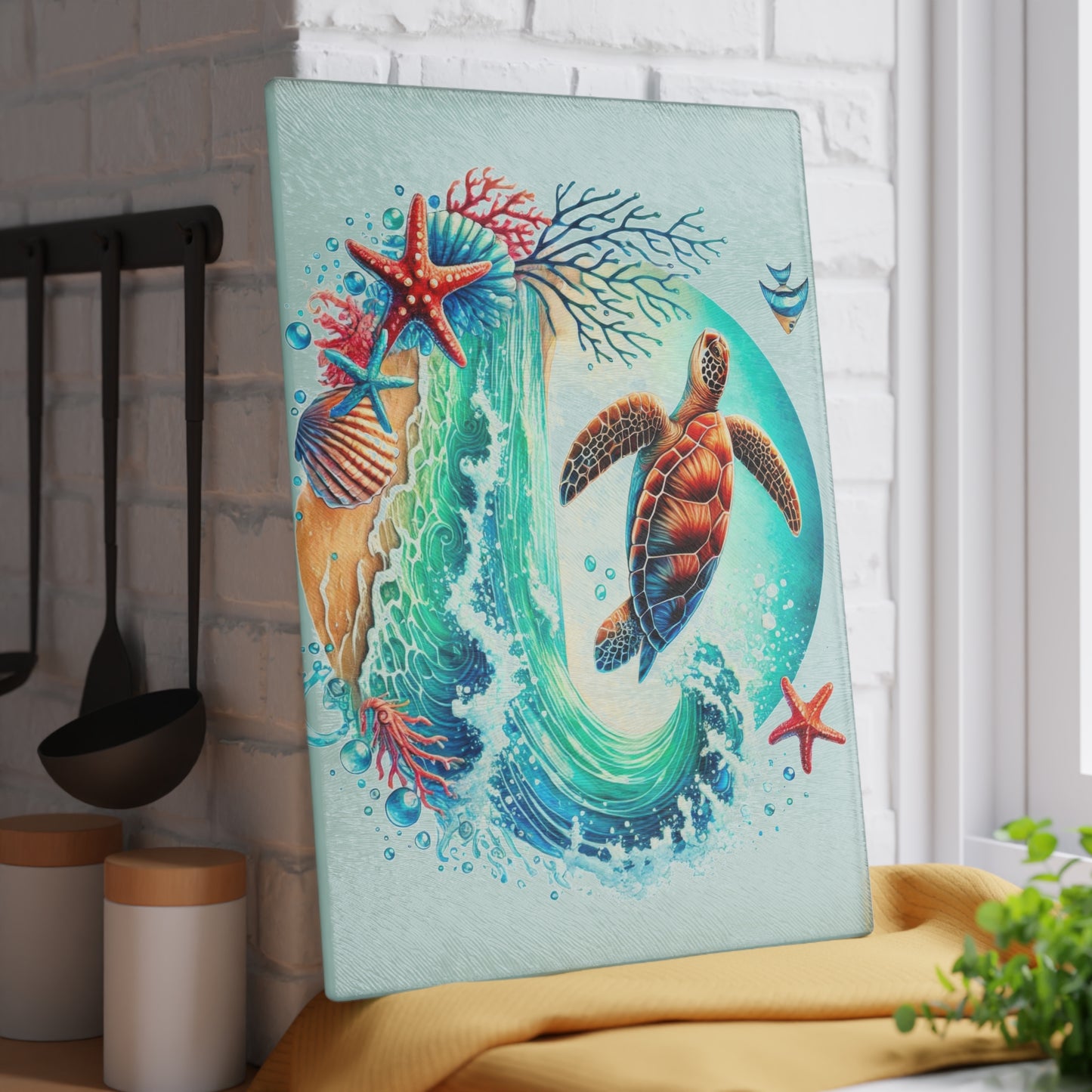 Tabla de cortar con diseño de tortuga y olas del océano: un toque de serenidad y estilo costero