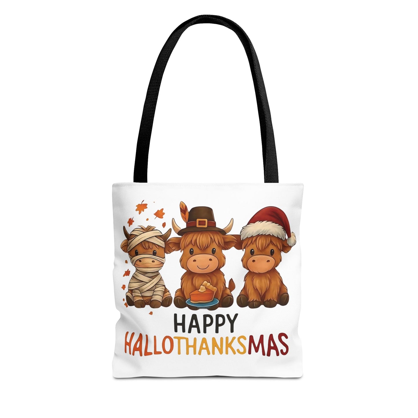 🐮 Happy Hallothanksmas Highland Cow Tote Bag – Holiday Fun All Season 🎃🦃🎄👜