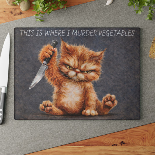 This Is Where I Murder Vegetables Glass Cutting Board – Funny Grumpy Cat Kitchen Art