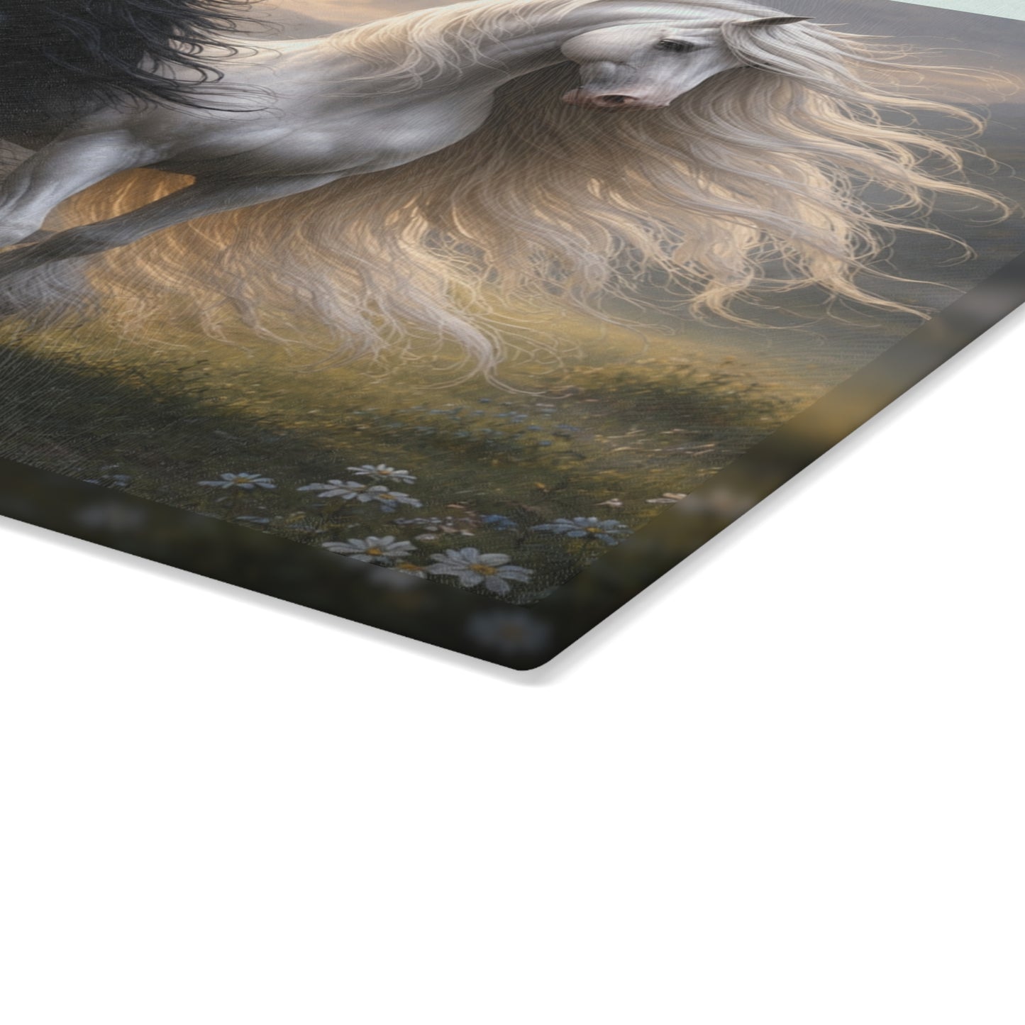 Majestic Black & White Horses Glass Cutting Board – Elegant Horse Kitchen Decor, Nature Lover Gift